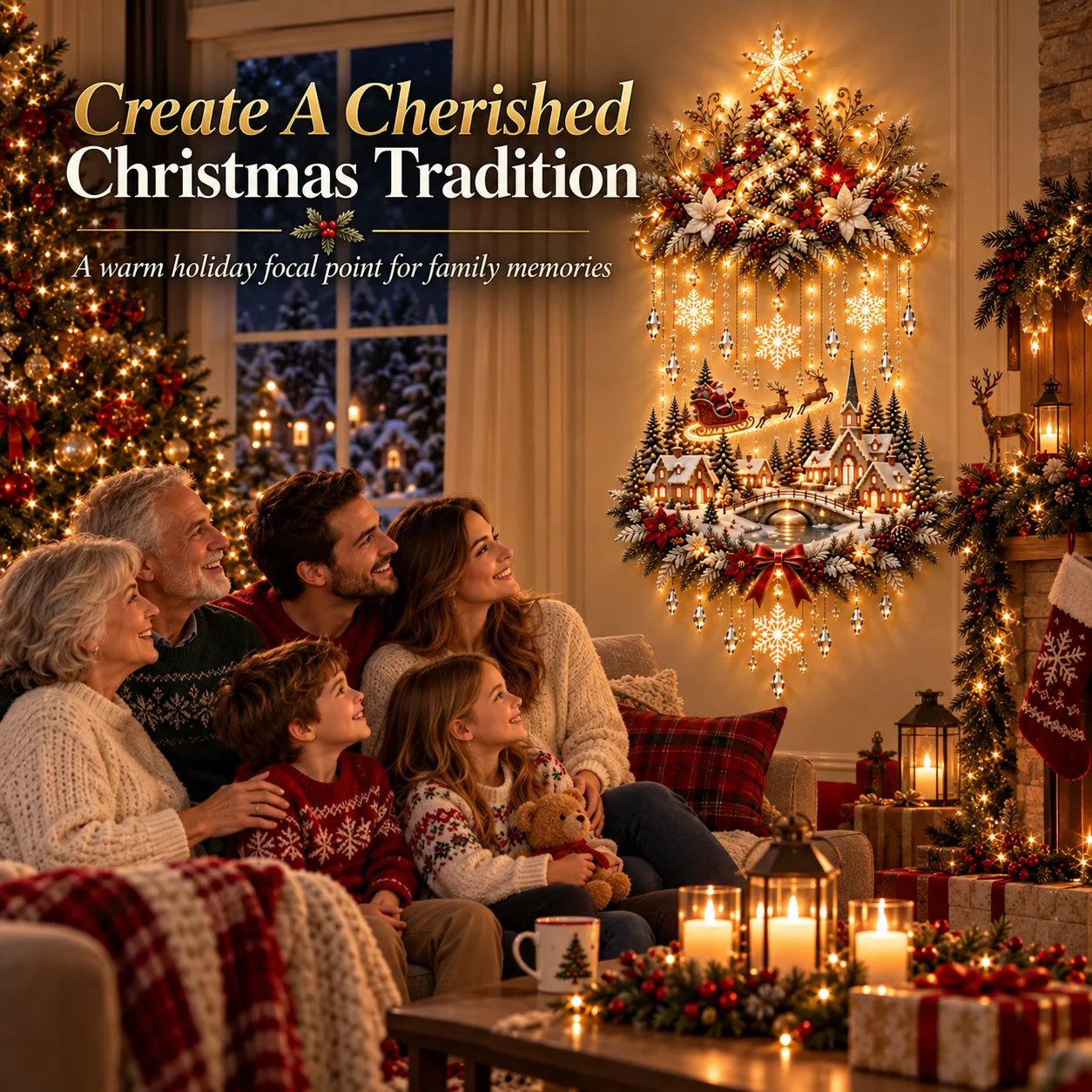 Illuminated Christmas village wall hanging creating a festive family holiday setting