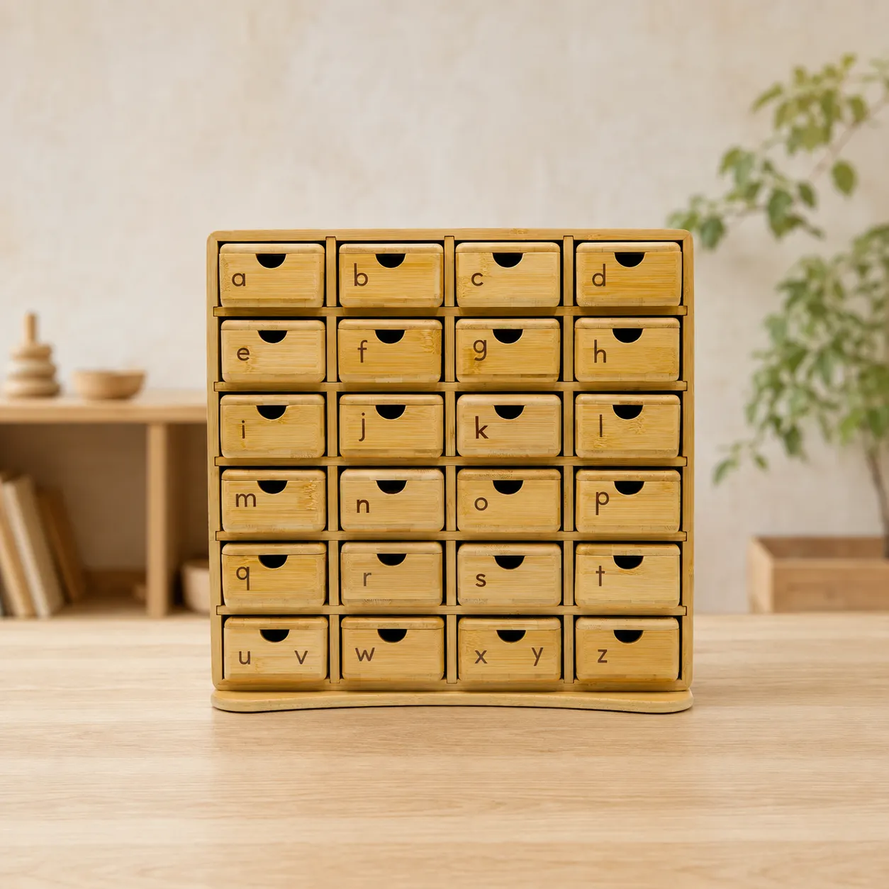 Bamboo Montessori phonics cabinet with labeled drawers