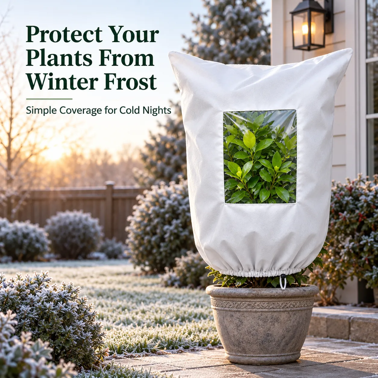Plant frost cover protecting greenery from winter conditions
