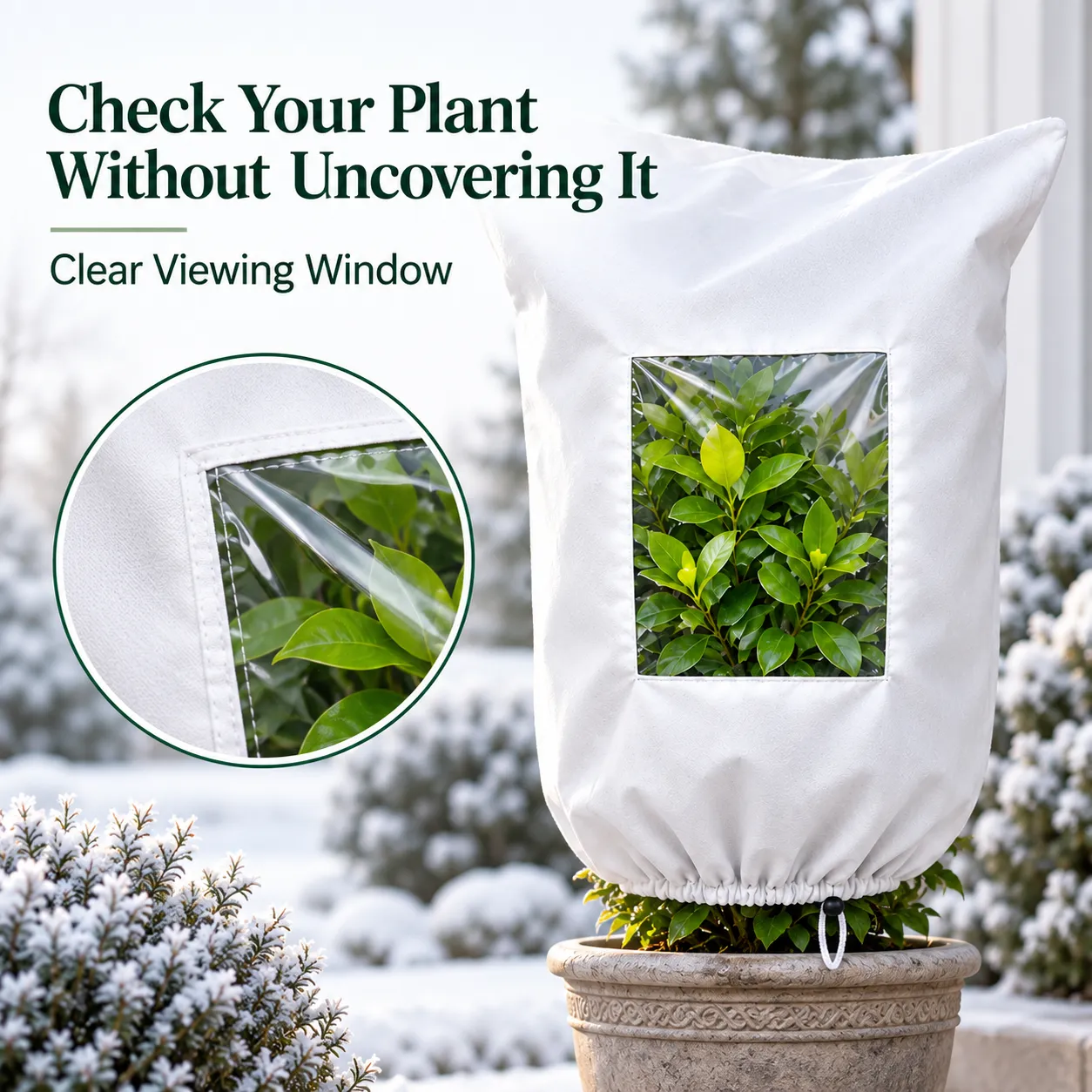 Clear viewing window on winter plant frost cover