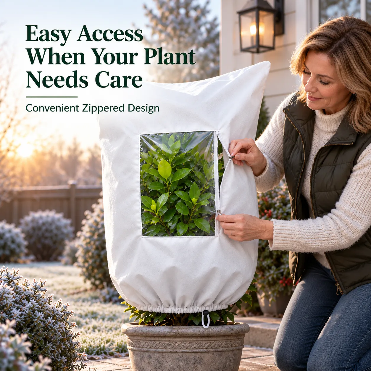 Zipper opening for easy winter plant care