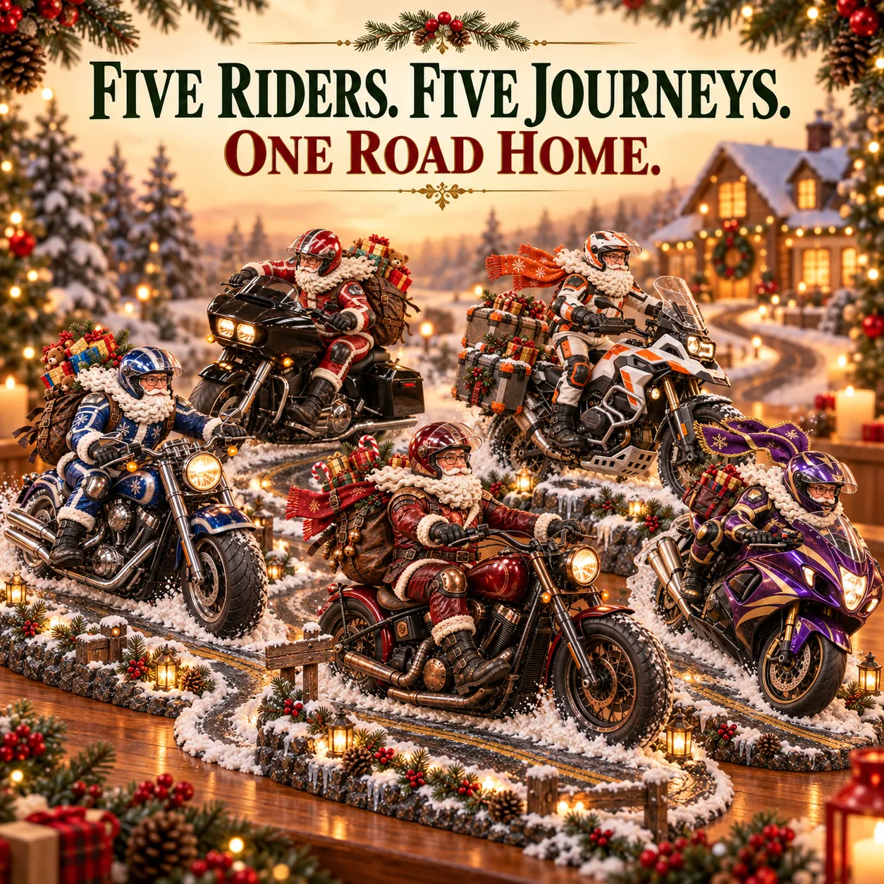 Five Santa Motorcycle Christmas Figurine Styles