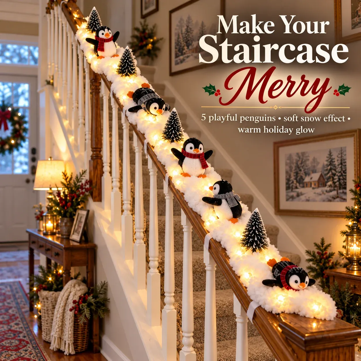 Make Your Staircase Merry Penguin Christmas Railing Decor