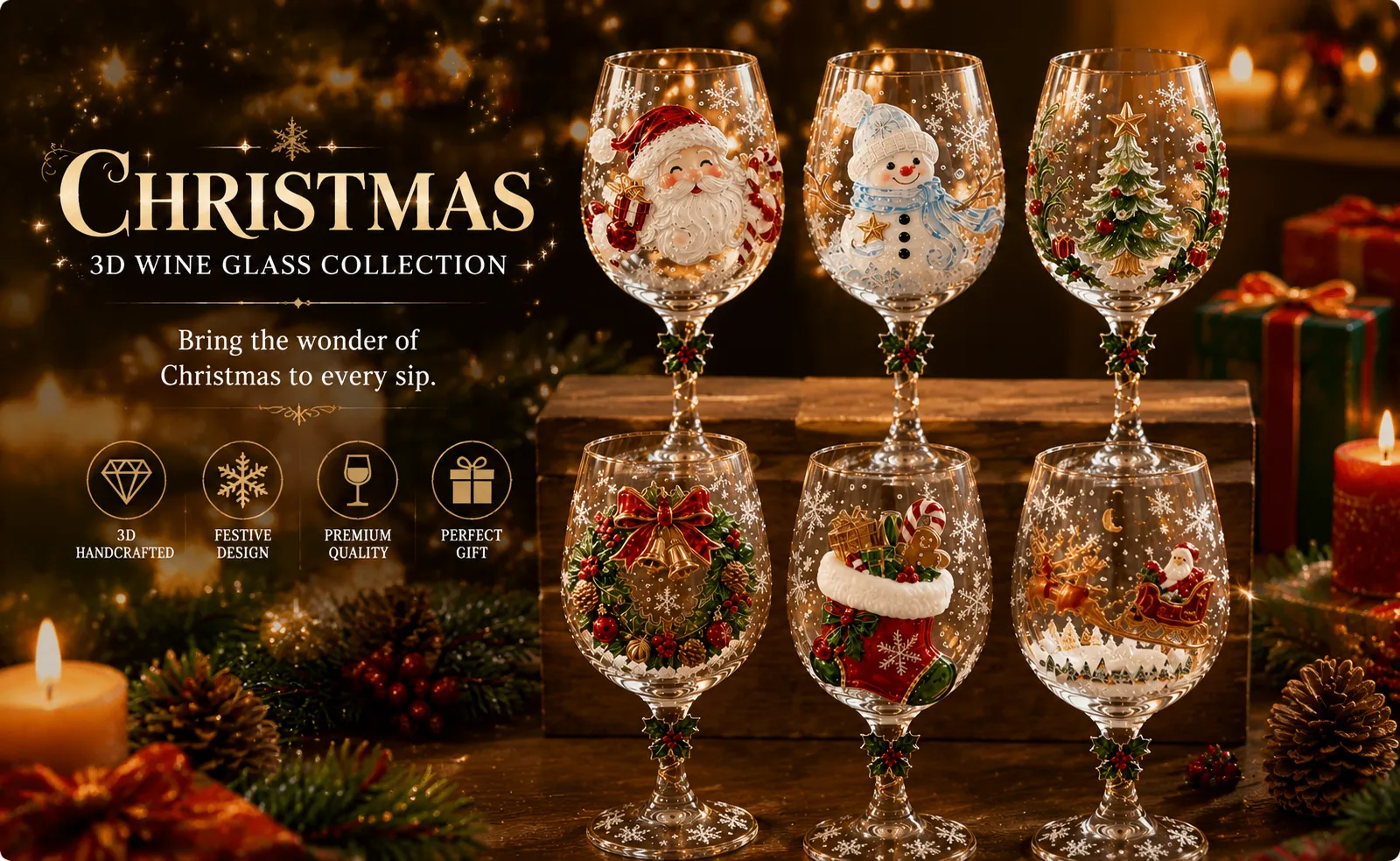 Decorative Christmas glasses displayed for the holidays