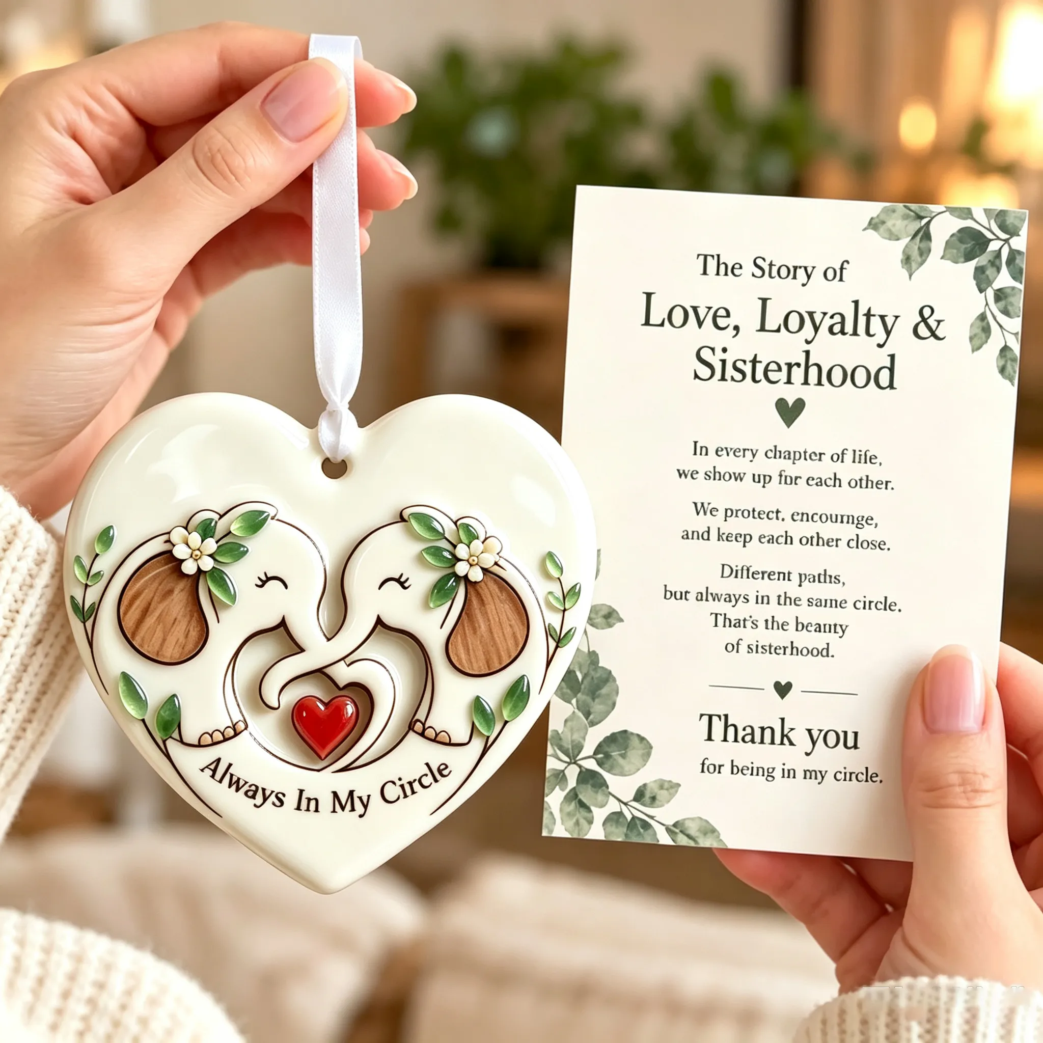 Always In My Circle elephant sisterhood heart keepsake with message card