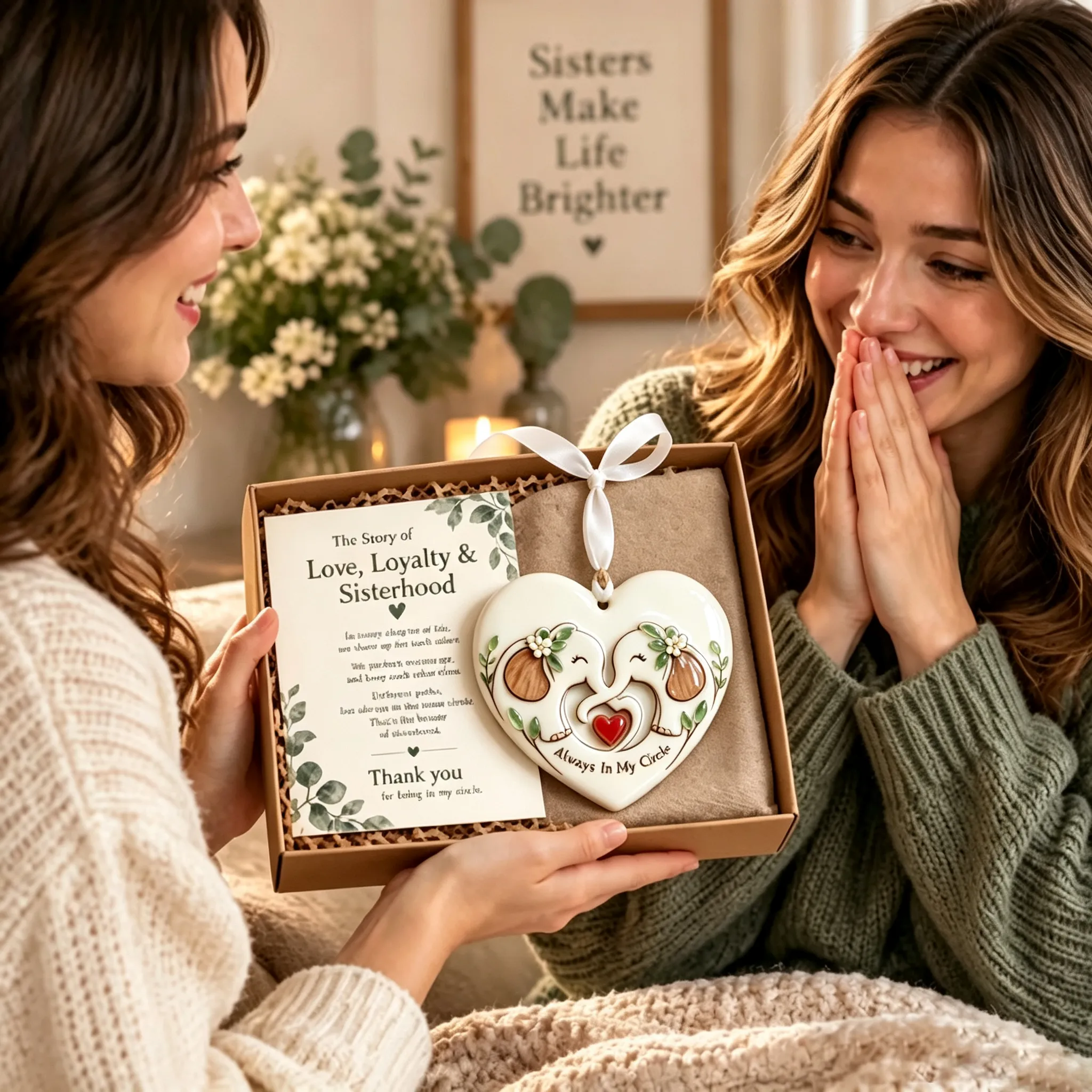 Sister receiving Always In My Circle keepsake gift
