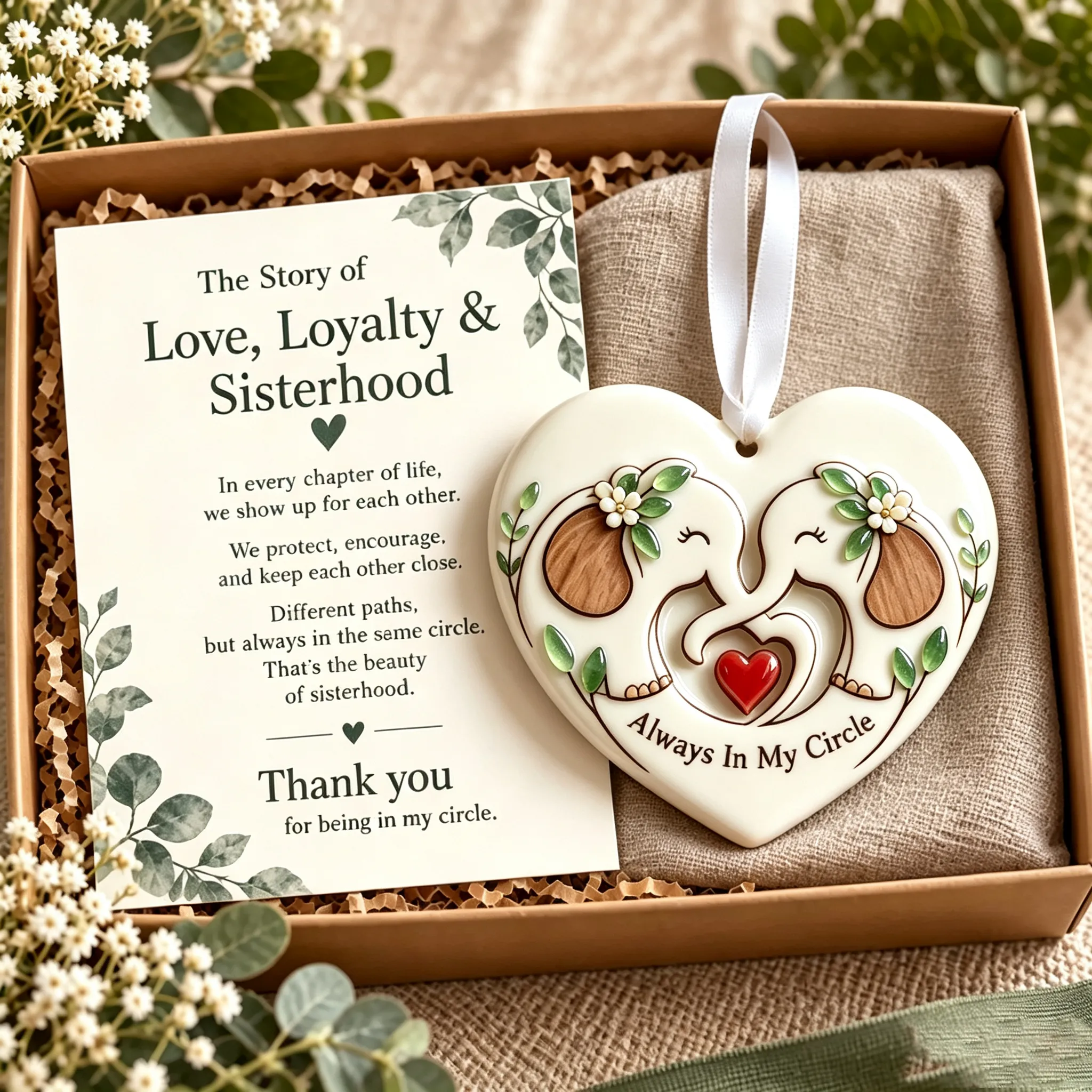 Always In My Circle sisterhood heart ornament displayed in home