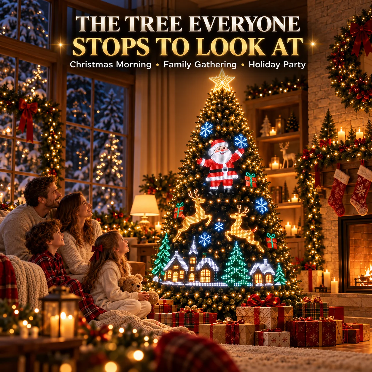 Family enjoying animated Christmas tree light show