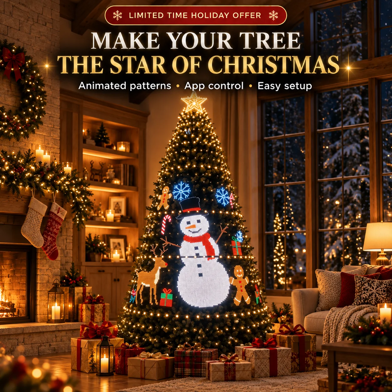 Animated snowman Christmas tree lighting display
