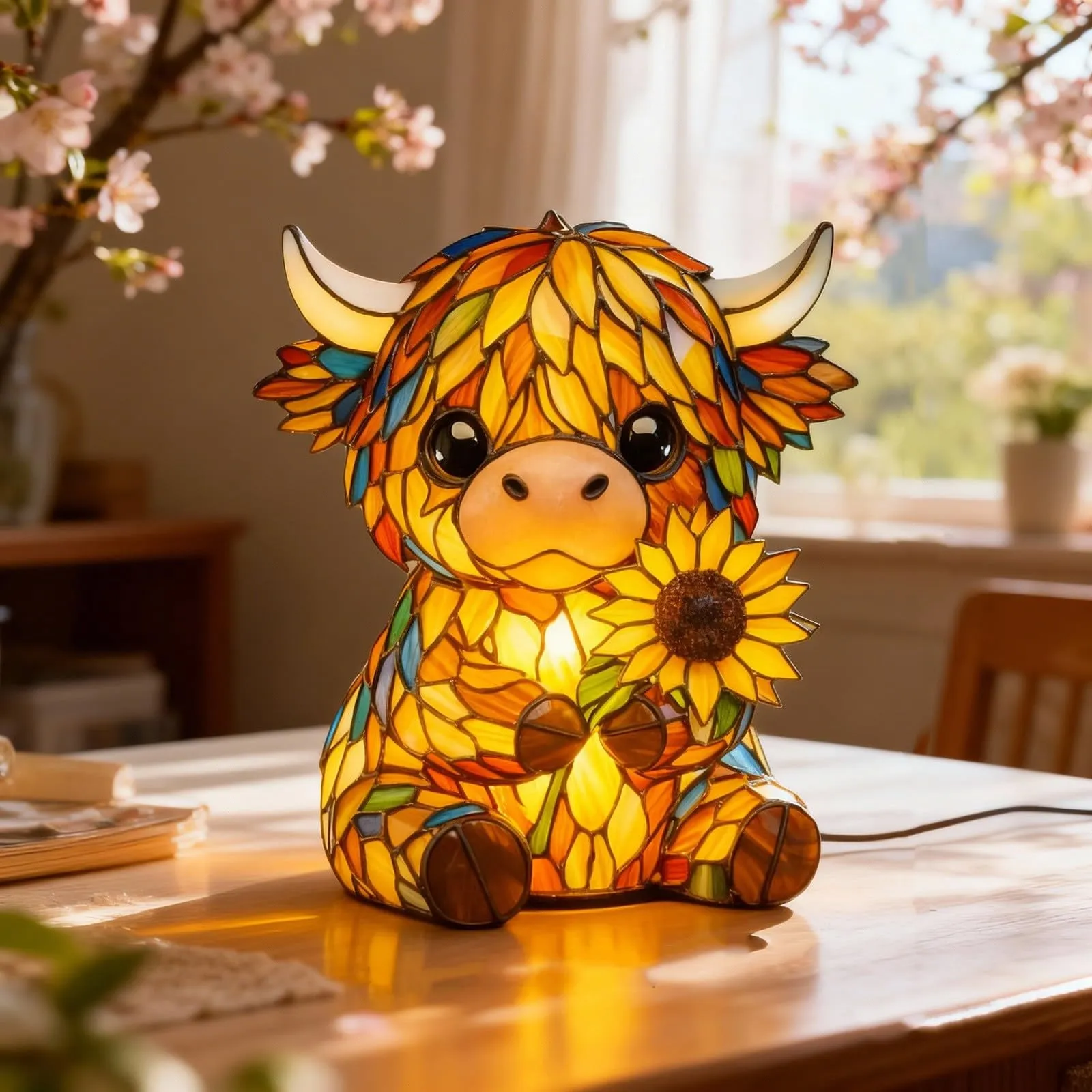 Stained glass style Highland Cow lamp