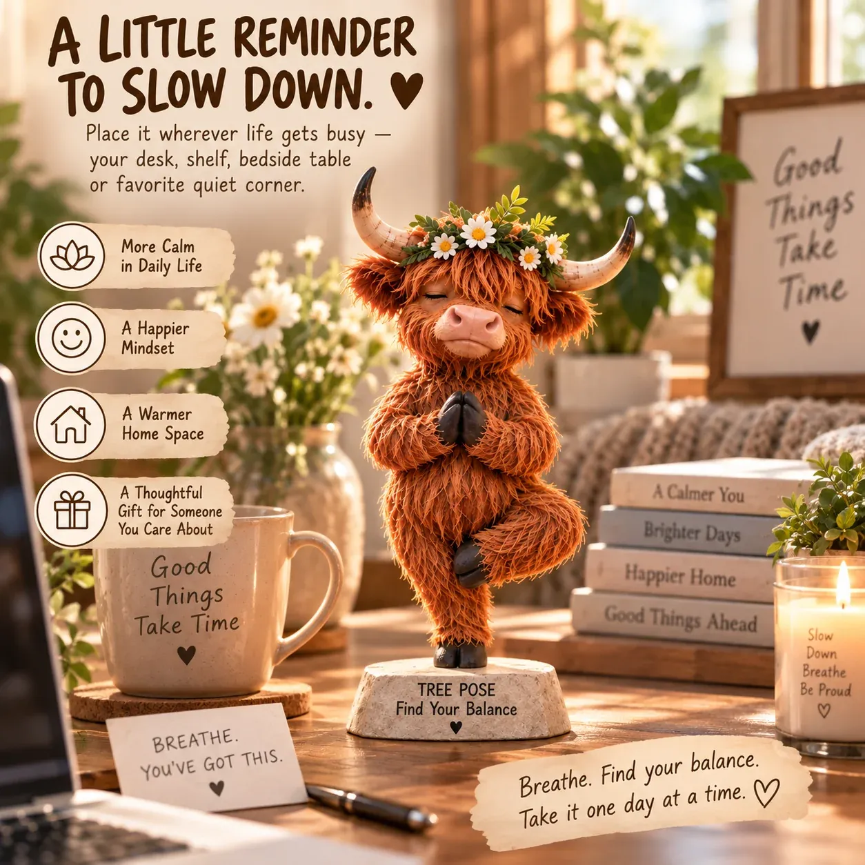Highland cow yoga figurine on calm desk