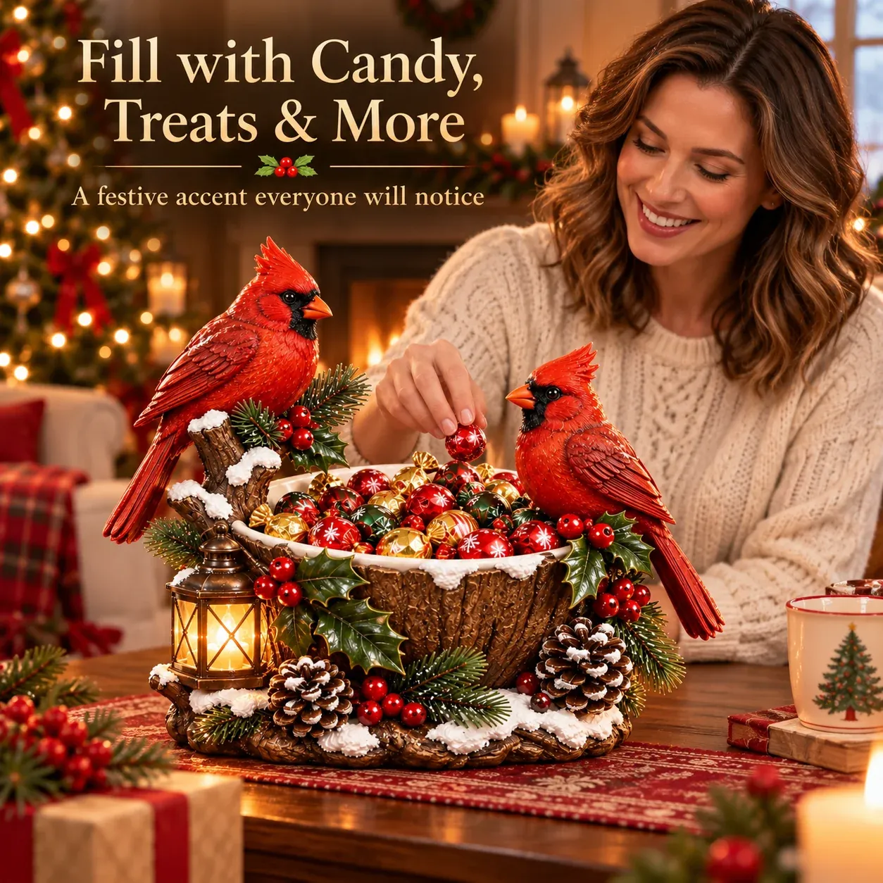 Woman taking Christmas candy from Cardinal Treat Bowl