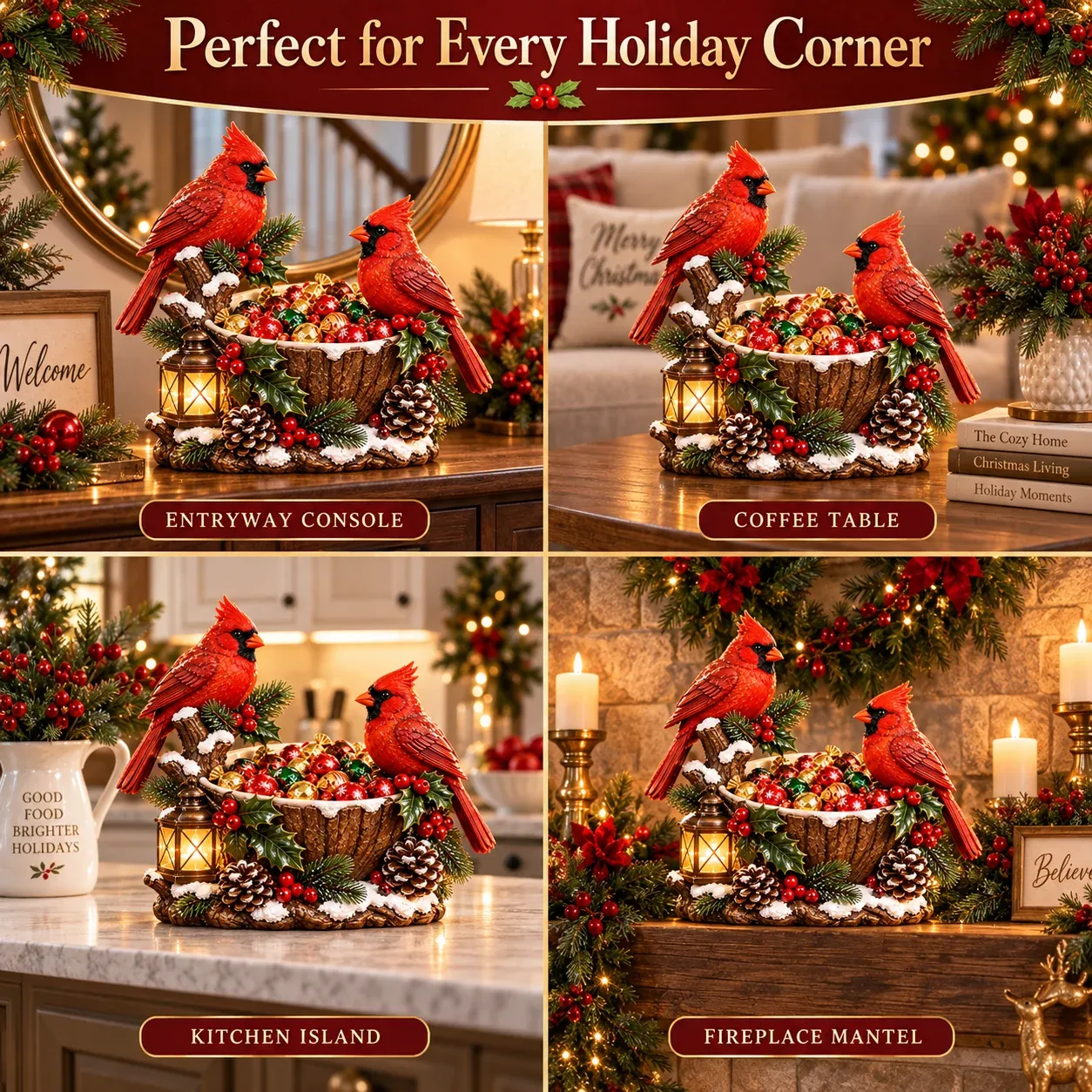 Cardinal Christmas Treat Bowl displayed around the home