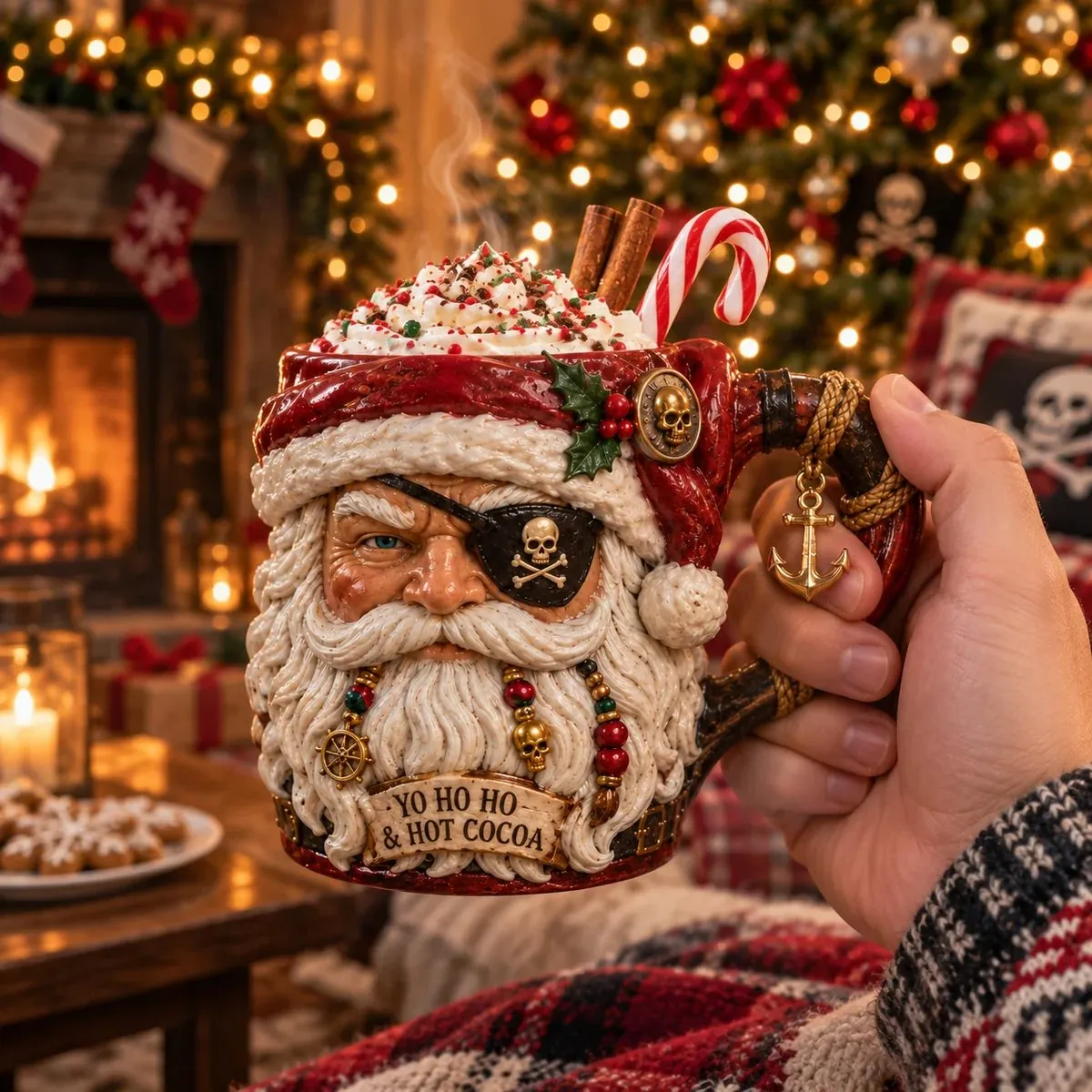 Pirate Santa Mug held by hand