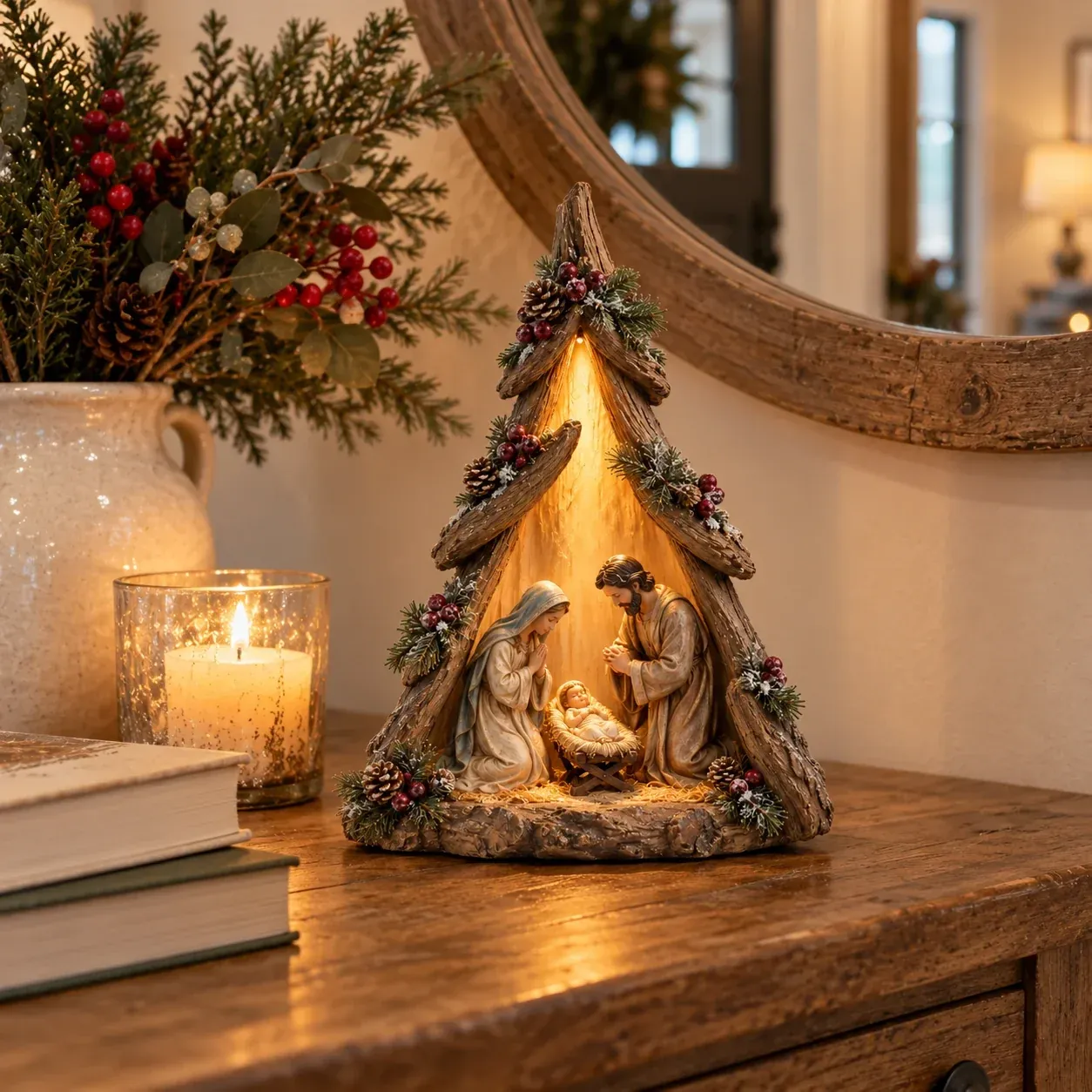 Old World Lighted Nativity Christmas Tree