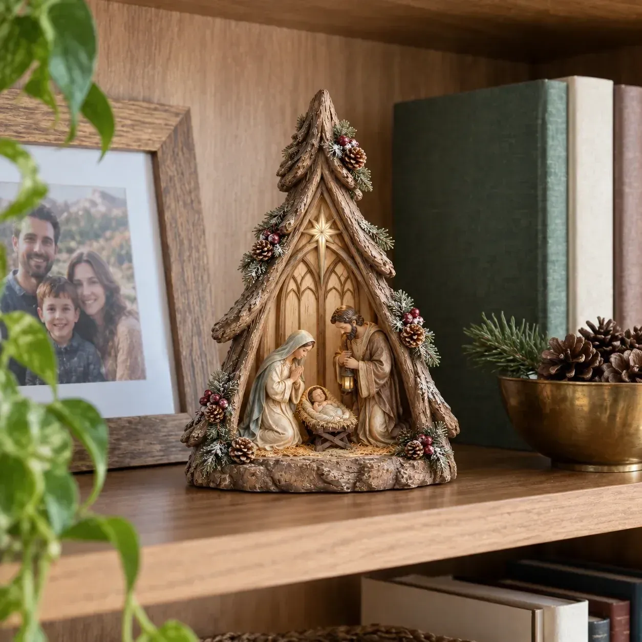Old World Nativity beside family photographs