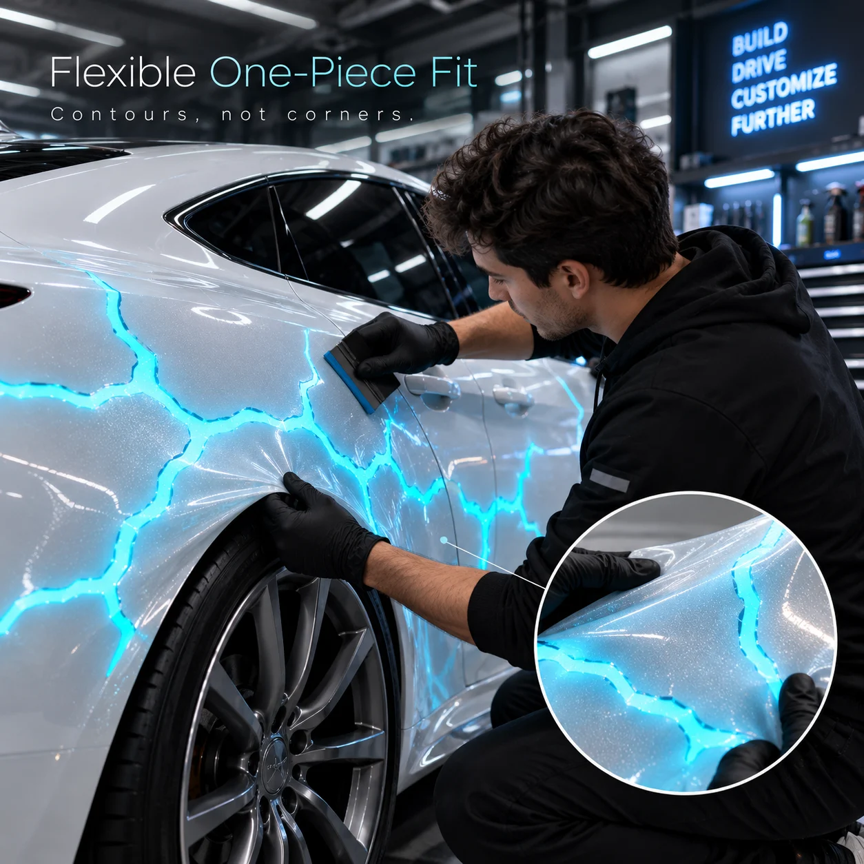 Lightning vinyl styling along automotive panels