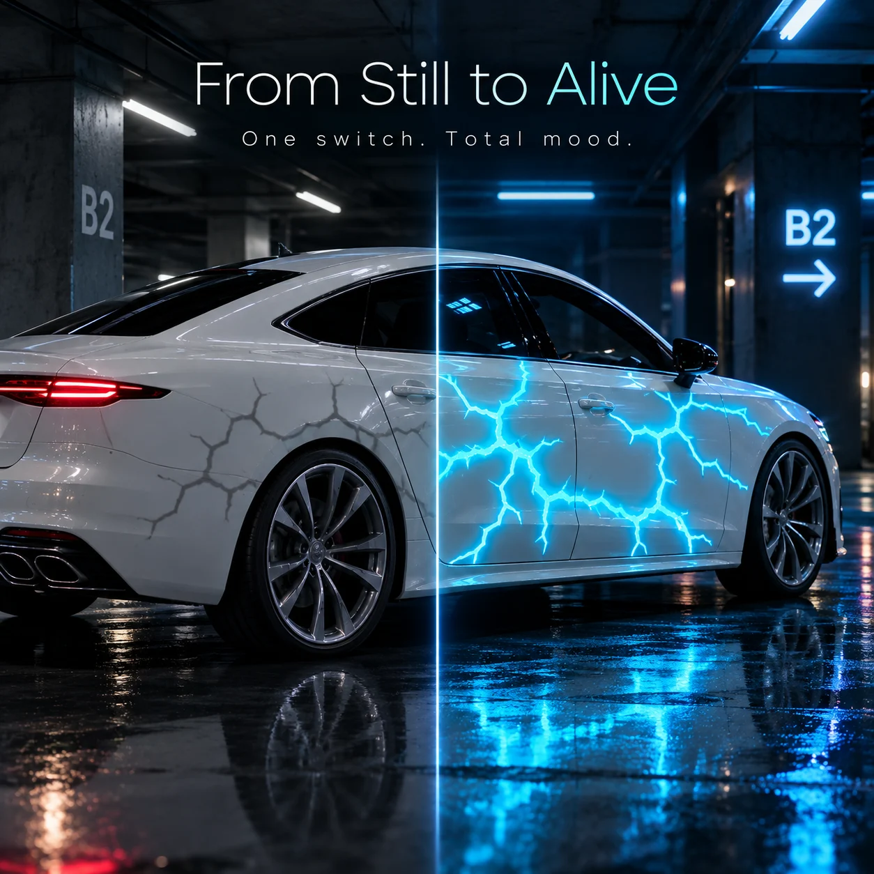 Futuristic liquid laser car wrap effect