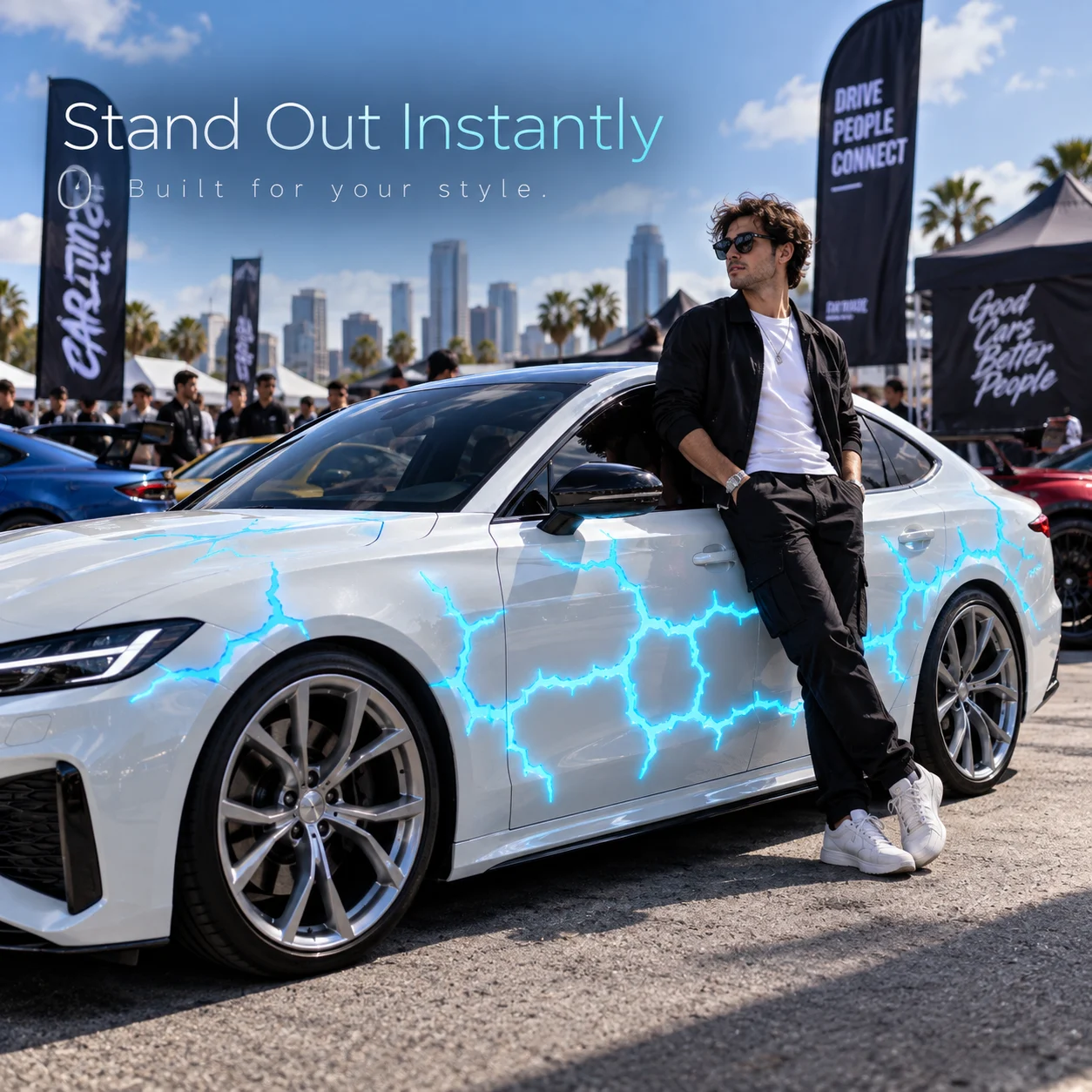 Customized car with blue lightning vinyl design