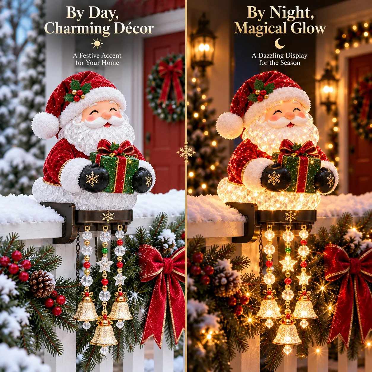 Christmas railing decoration during day and night