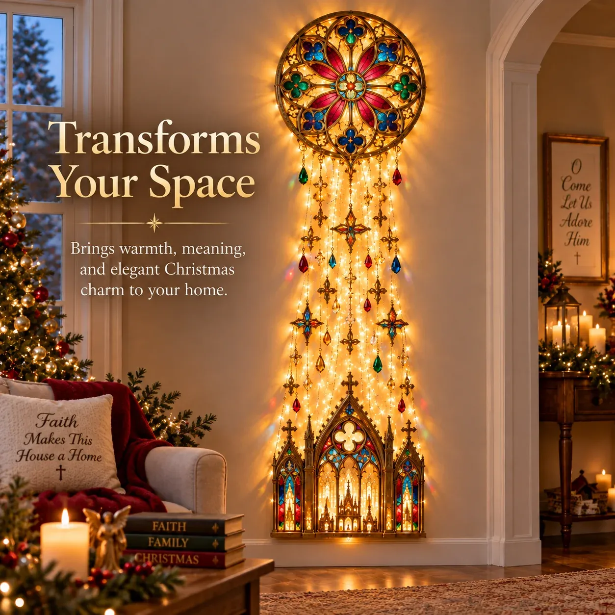 Cathedral-inspired illuminated wall decoration displayed in a warm Christmas living room
