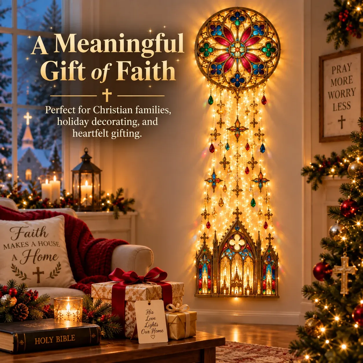 Faith-inspired illuminated Christmas wall decoration displayed beside wrapped gifts and holiday décor