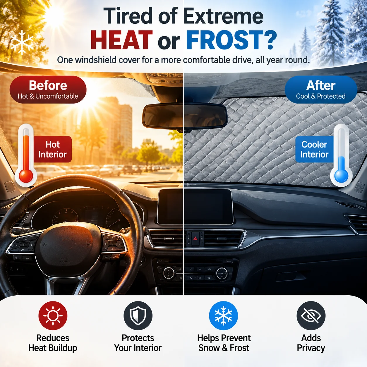 Windshield cover for hot sun frost and snow