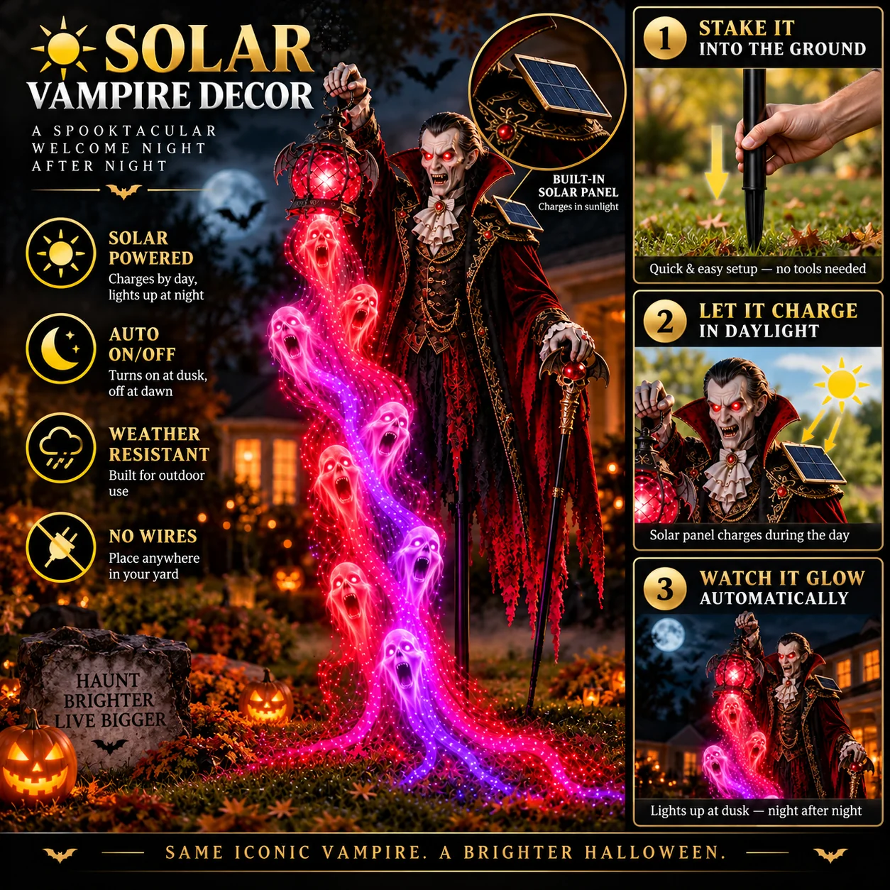 Solar-powered Vampire Lord Halloween garden decoration and setup features