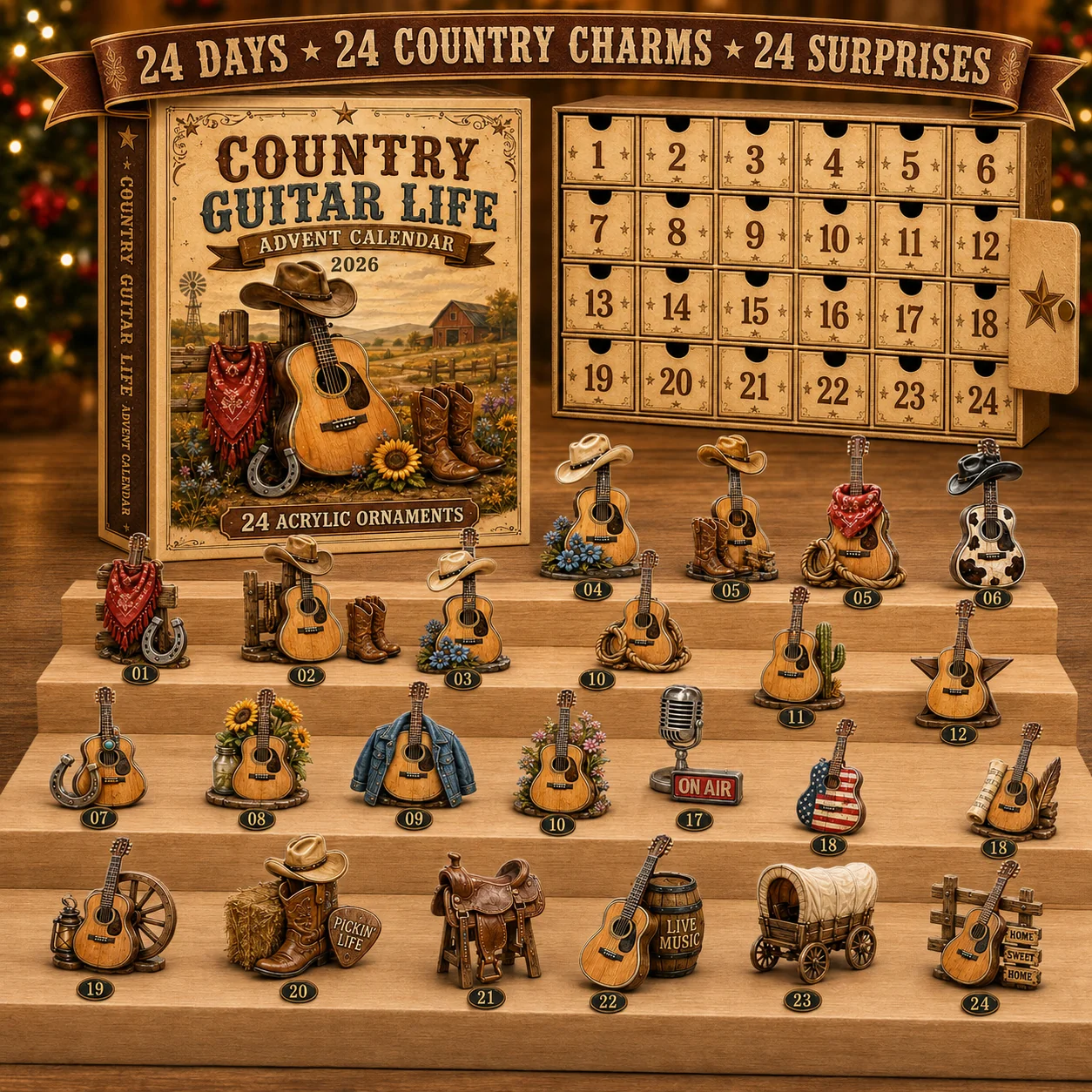 Country guitar ornaments displayed after advent countdown