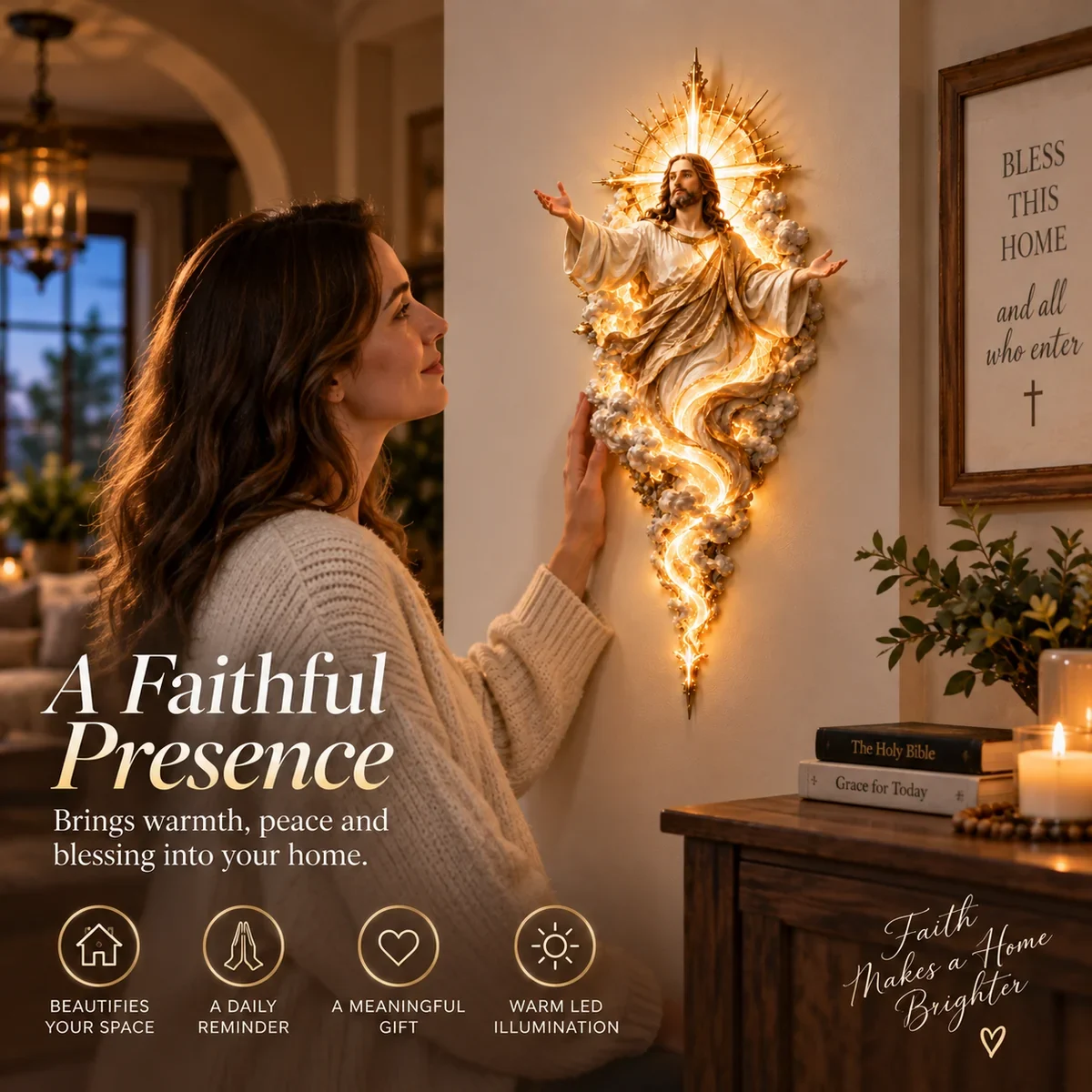 Woman beside illuminated Jesus wall sculpture