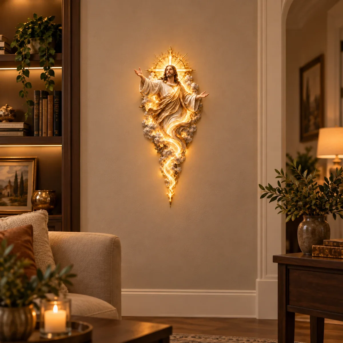 Smaller Jesus wall sculpture displayed in an elegant living room