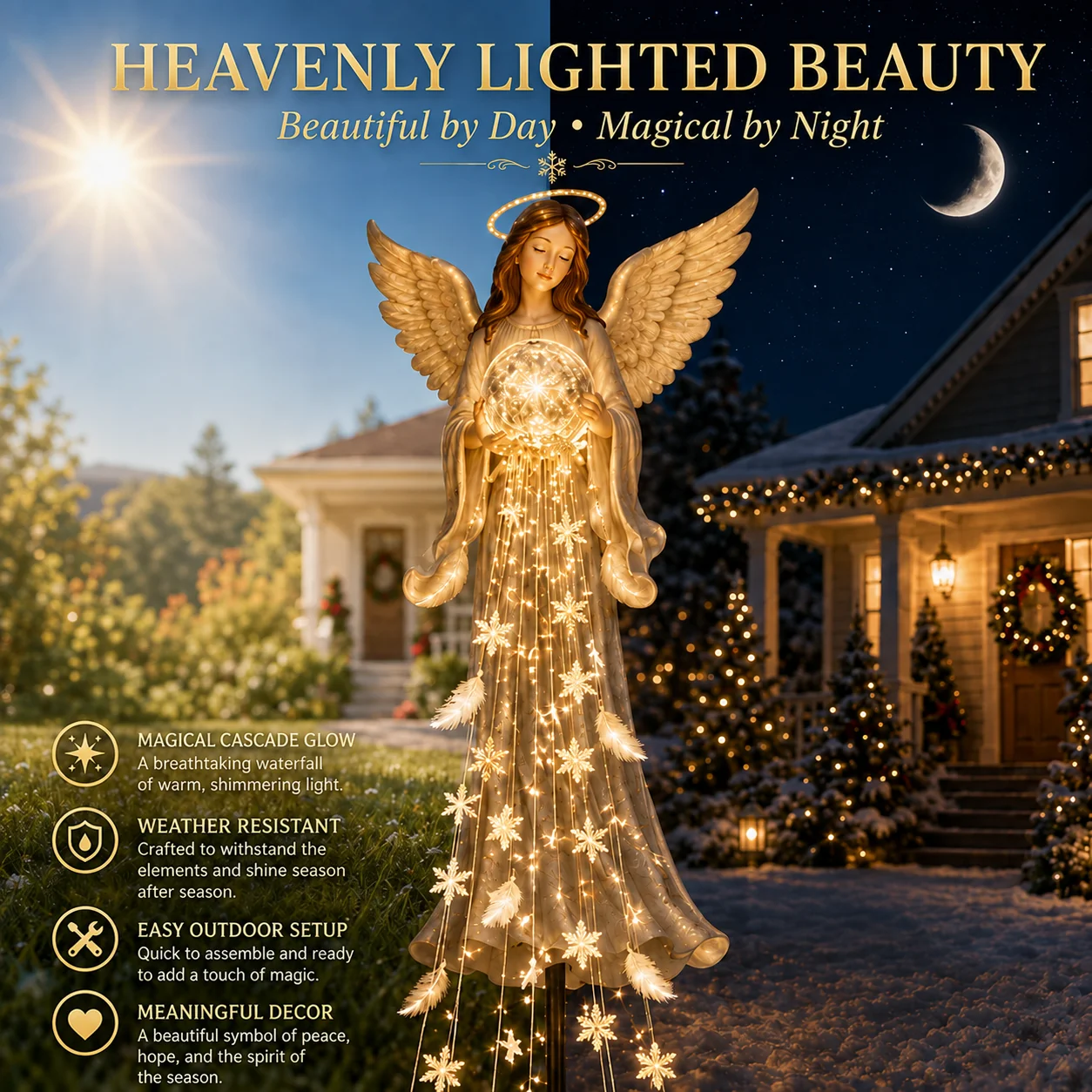 Angel Blessing Fountain cascading light snowflake and feather details