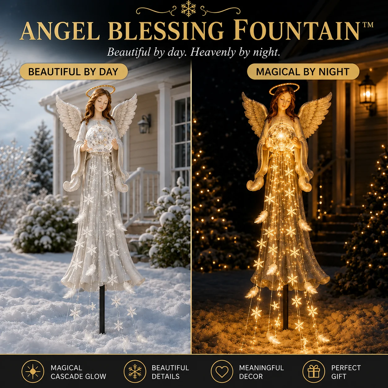 Angel Blessing Fountain beautiful by day and magical by night