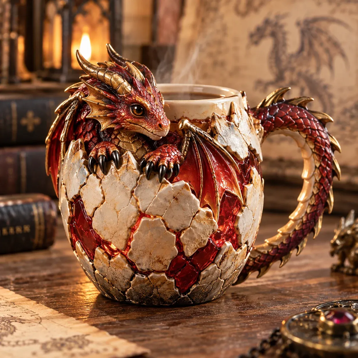 Sculpted dragon mug displayed in a fantasy reading setting