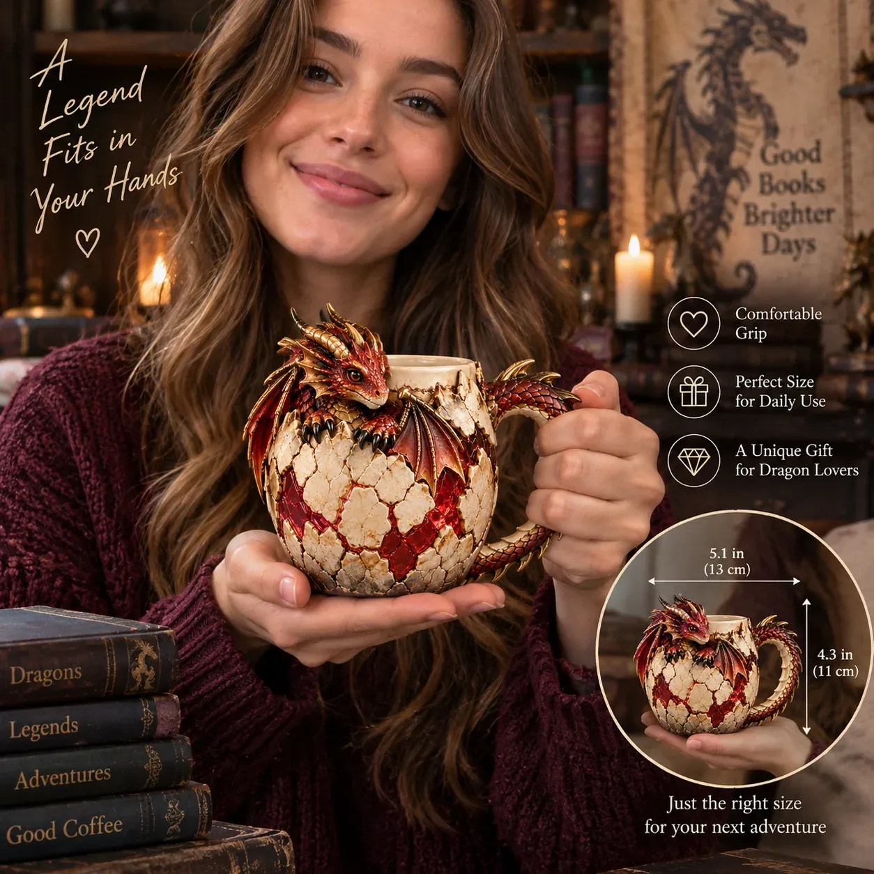 Sculpted dragon mug hand-held size reference