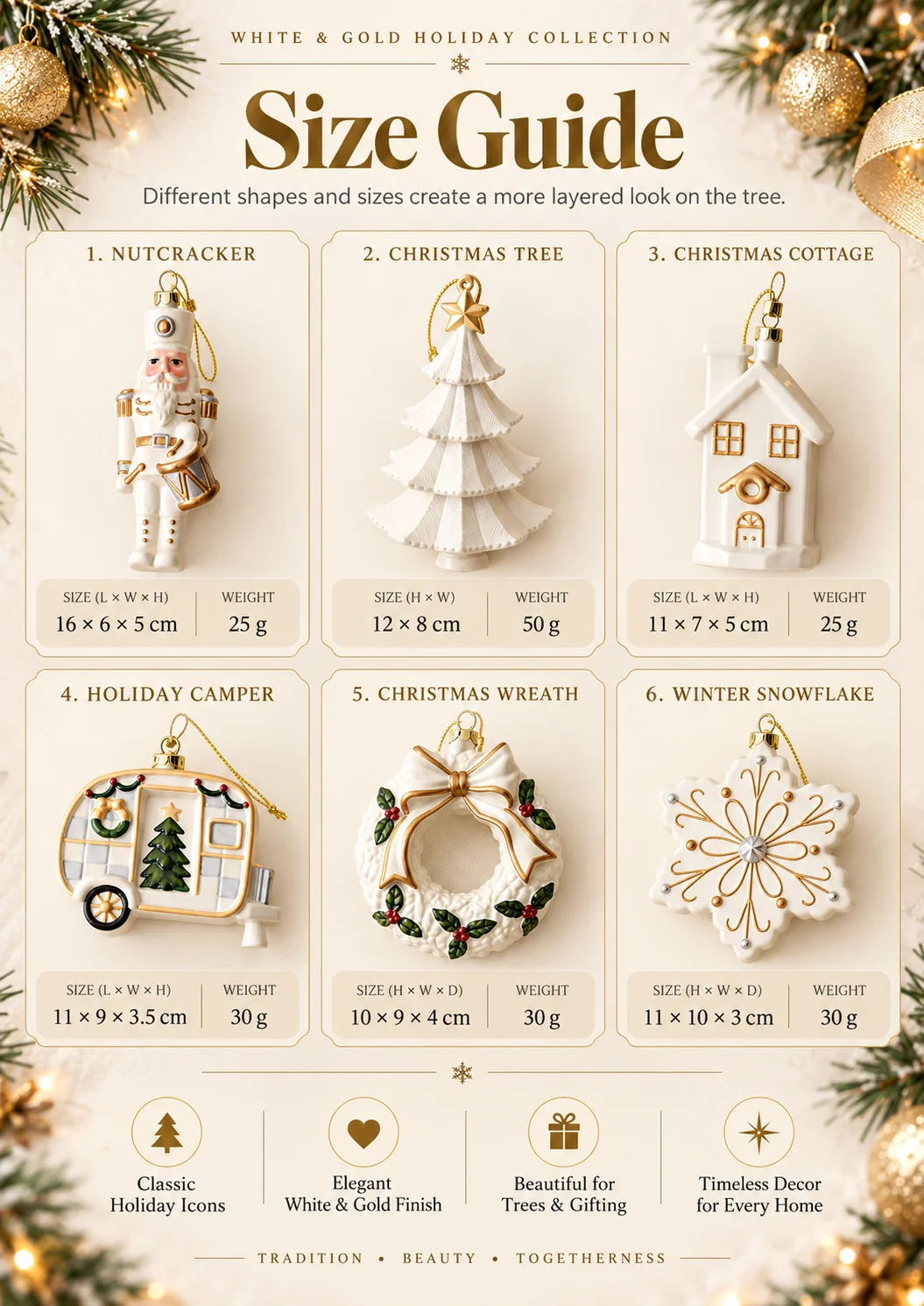White and Gold Christmas Ornament Size Guide