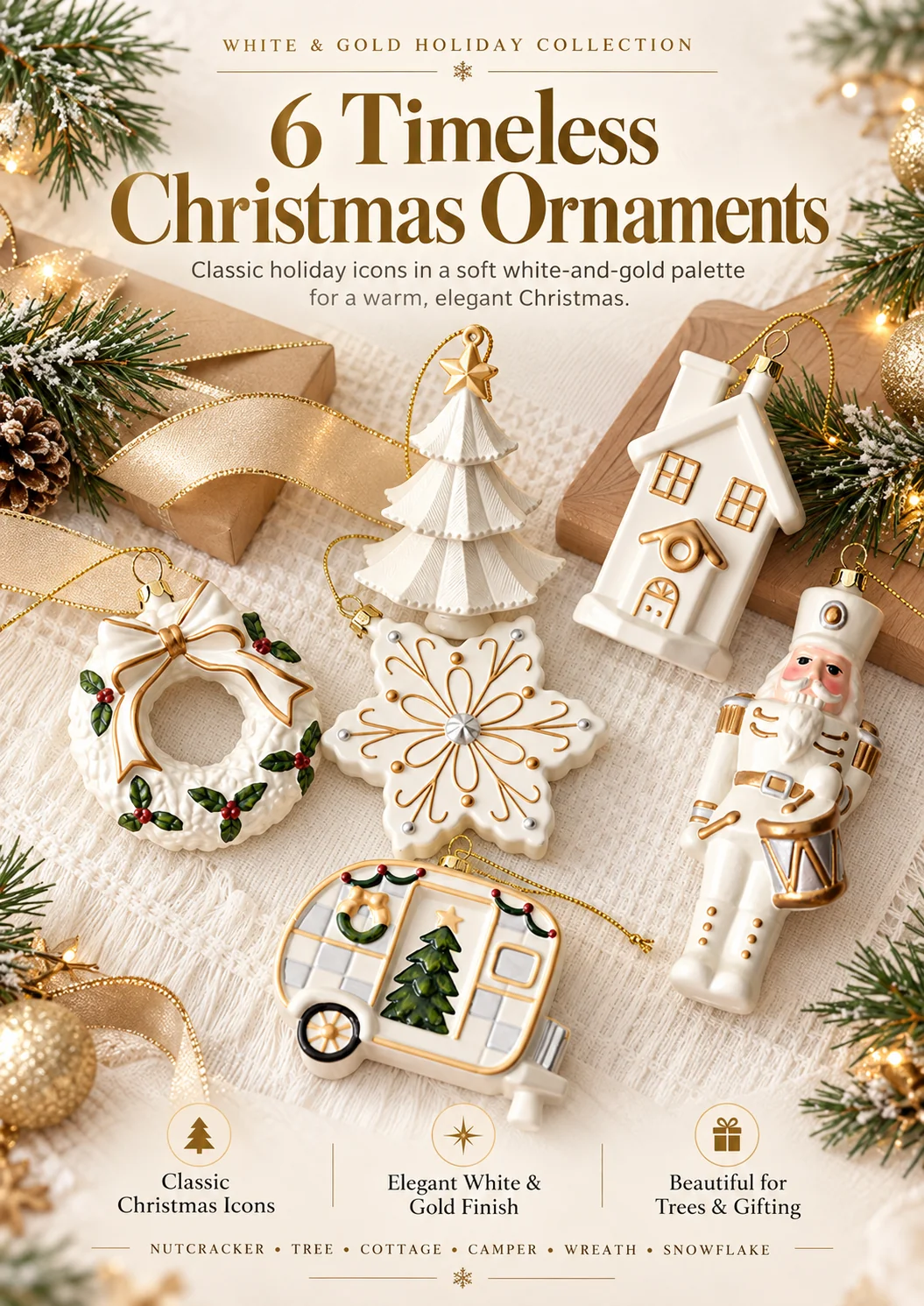 White and Gold Christmas Ornament Collection