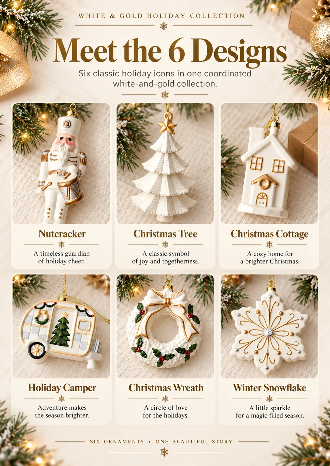 Six White and Gold Christmas Ornament Designs