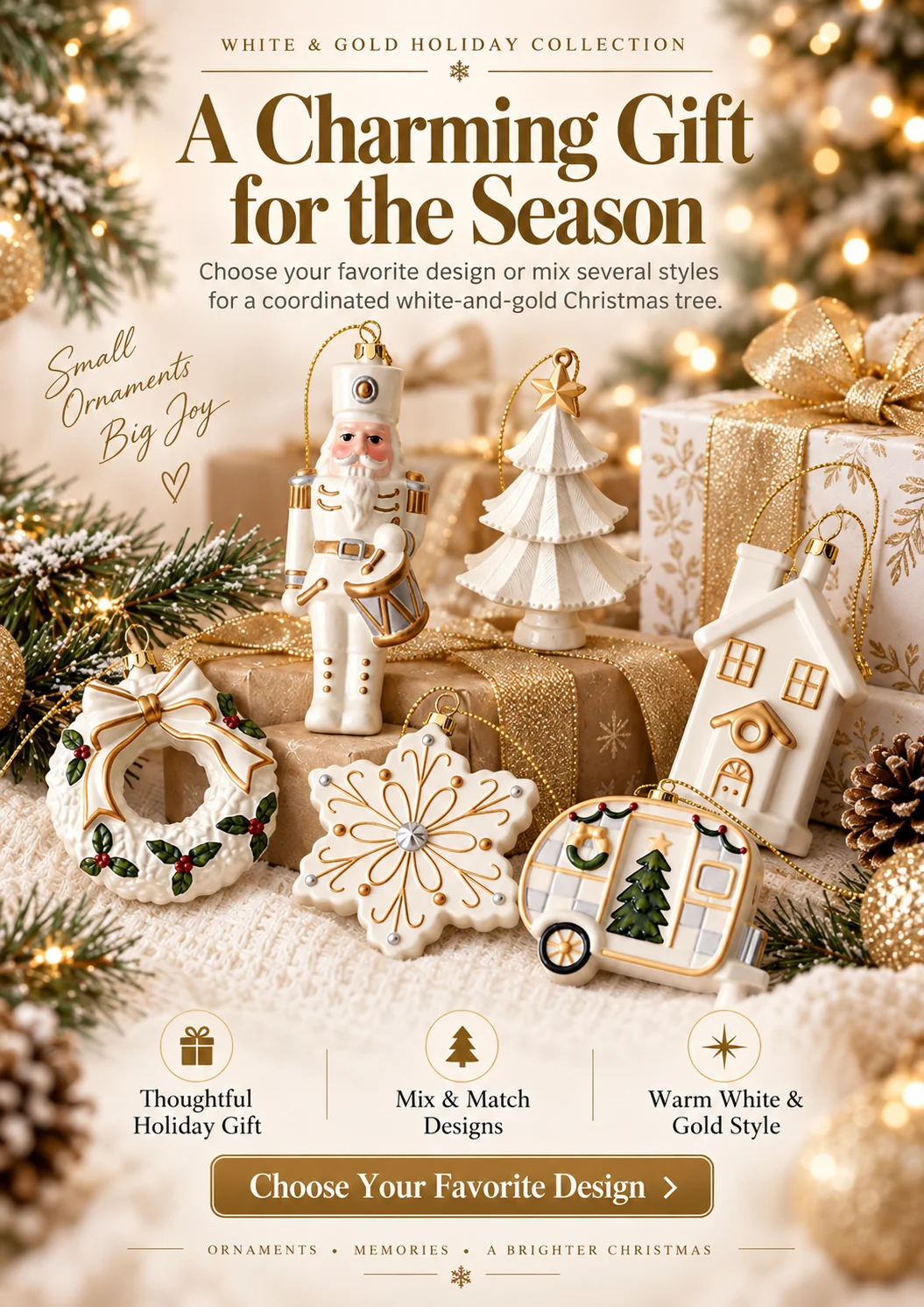 White and Gold Christmas ornaments as gifts