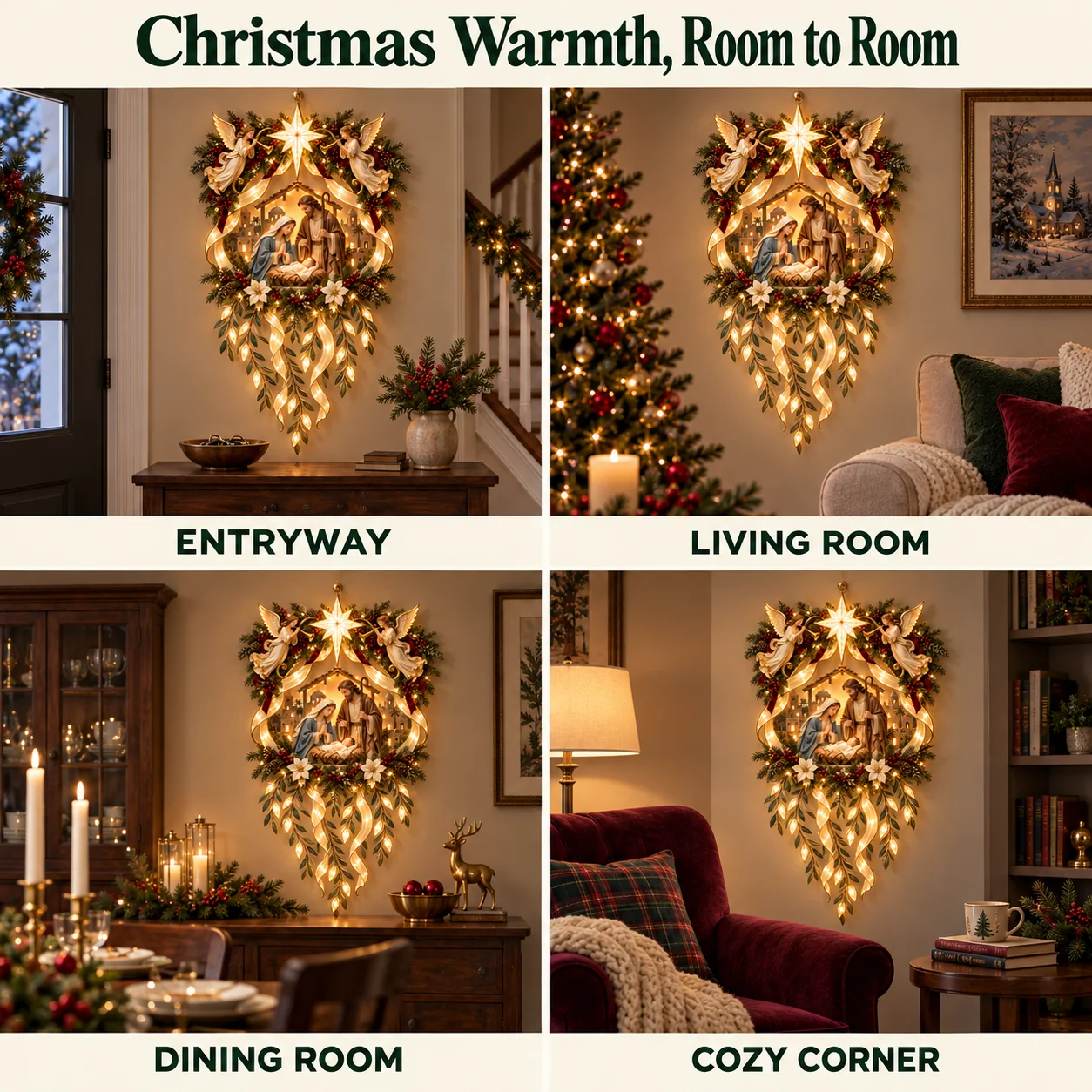 The Nativity decoration styled on indoor walls in an entryway, living room, dining room and cozy reading corner.