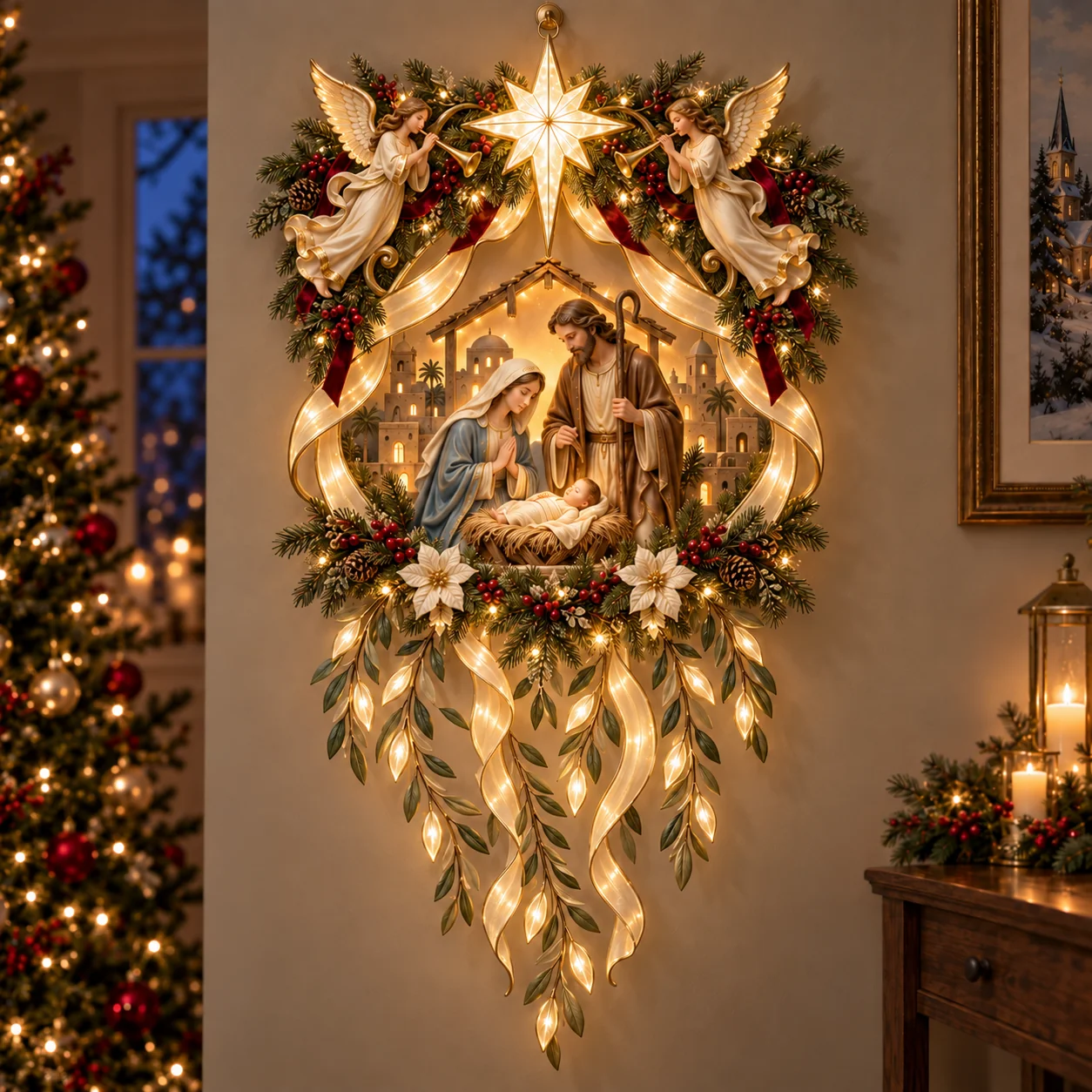 Holy Night Glow Nativity wall decoration with two trumpet angels, a glowing Bethlehem star and cascading golden ribbons.