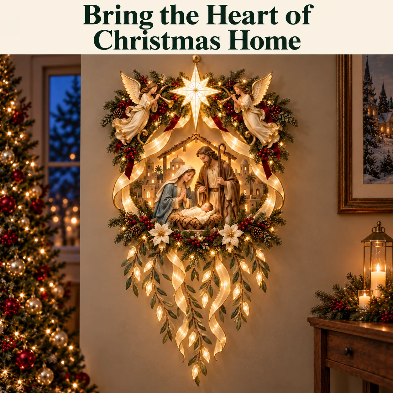 Holy Night Glow illuminated in a Christmas living room, with the message Bring the Heart of Christmas Home.