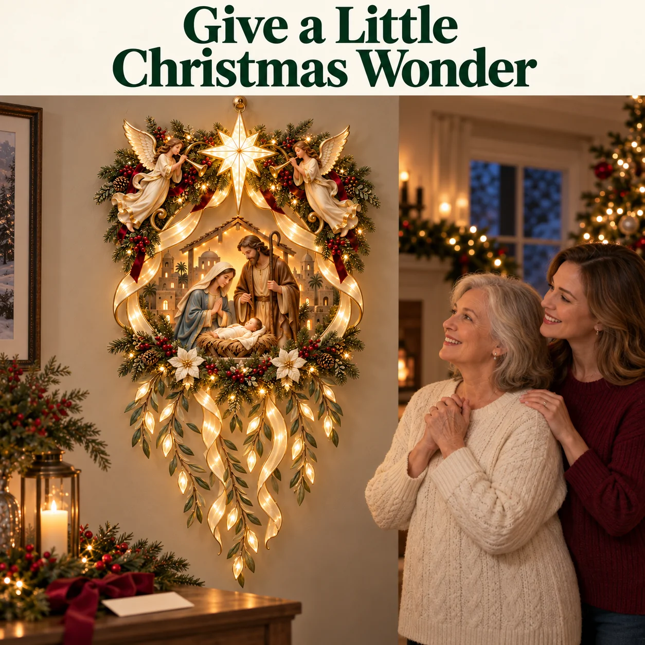 A mother and adult daughter admiring the glowing Nativity wall decoration in a warmly decorated Christmas home.