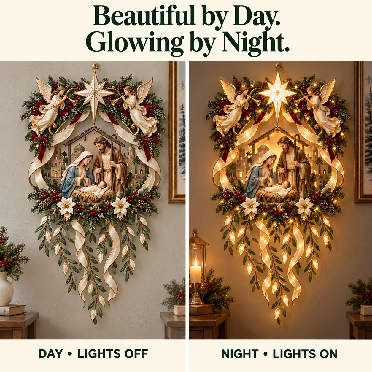 The same Nativity wall decoration shown in daylight with lights off and in the evening with lights on.