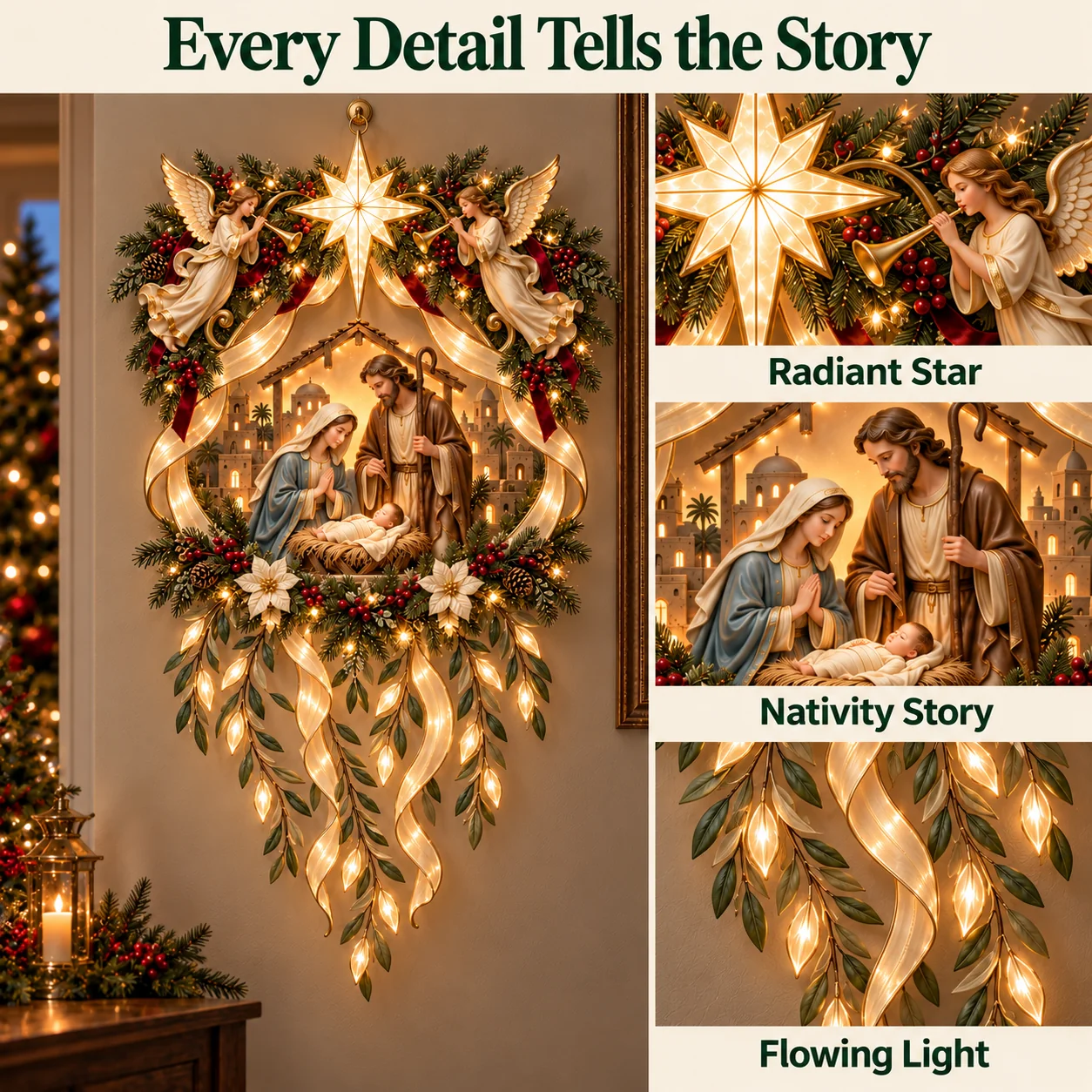 Close-up views of the Bethlehem star and angel, the Holy Family, and illuminated cascading ribbons and leaves.