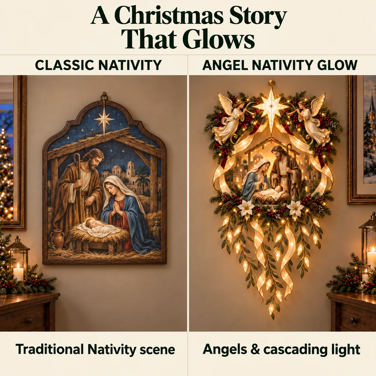 Illustrative style comparison between a traditional unlit Nativity wall plaque and Holy Night Glow with angels and cascading light.