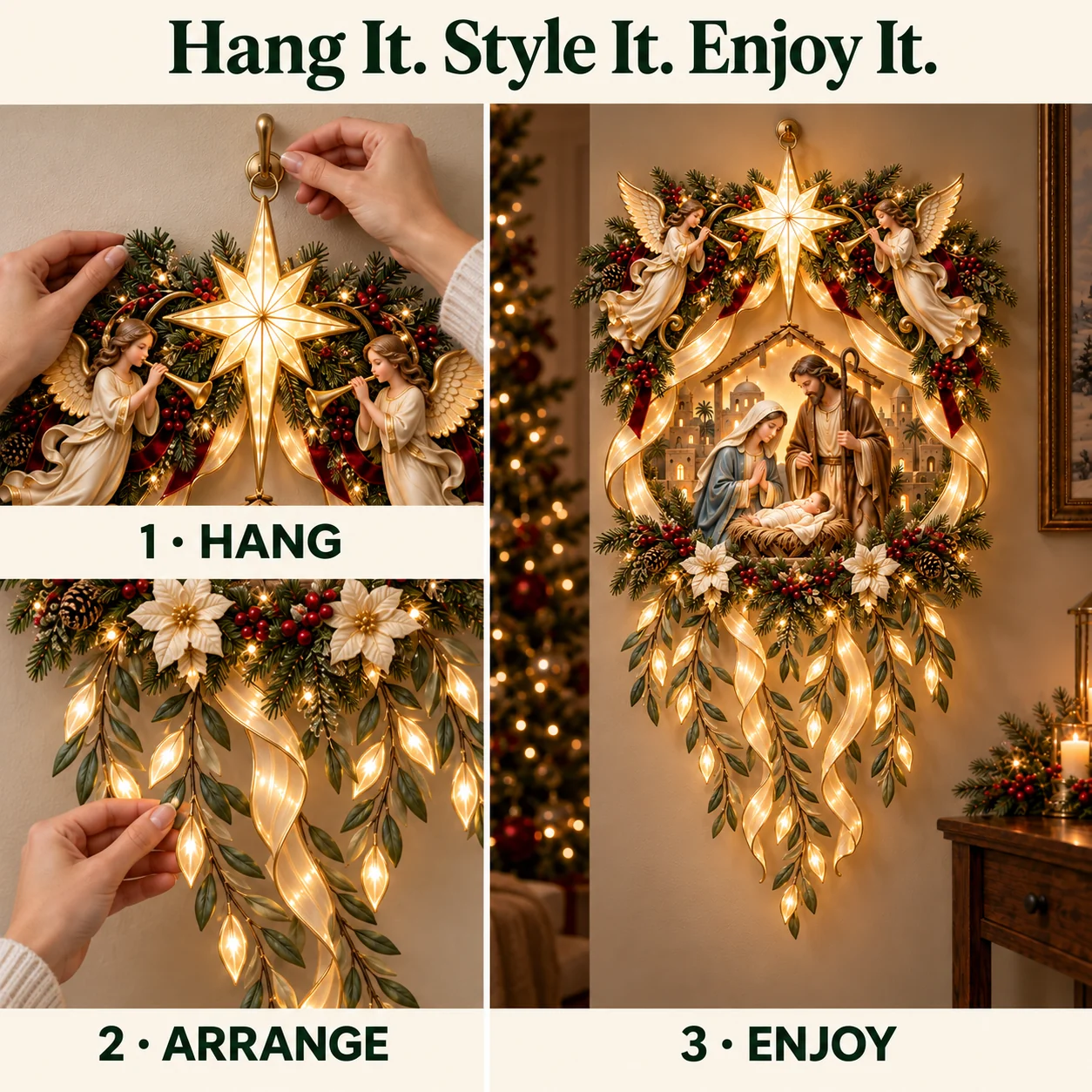 Illustrated hanging sequence: position the top hanging loop, arrange the lower accents, and view the completed illuminated display.