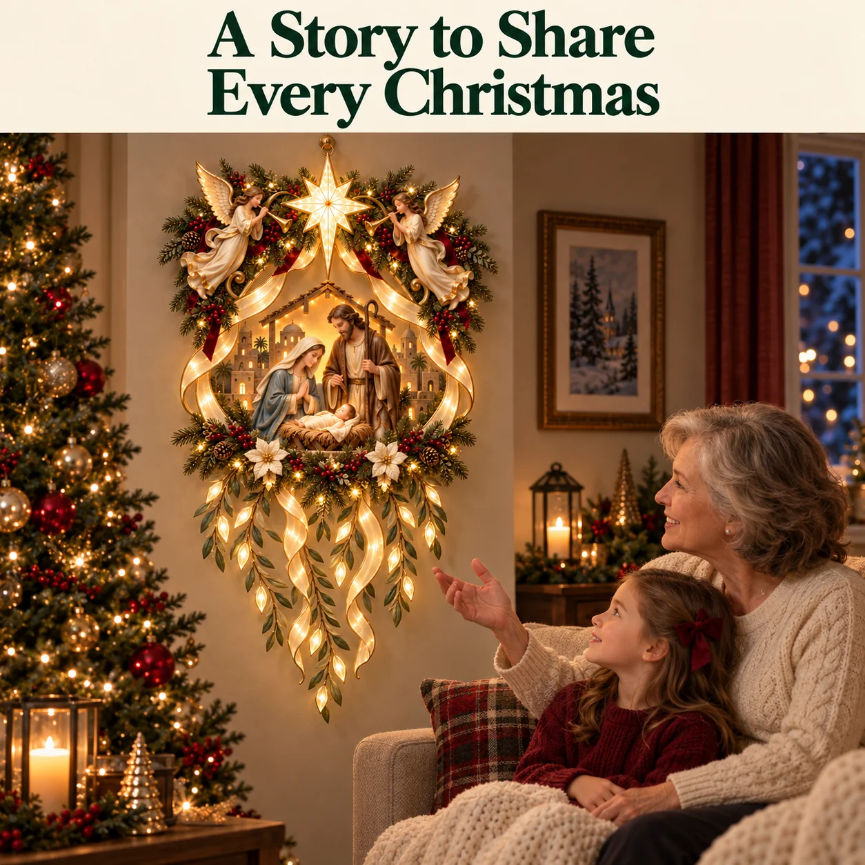 A grandmother and child sharing a Christmas moment beside the illuminated angel and Nativity wall decoration.