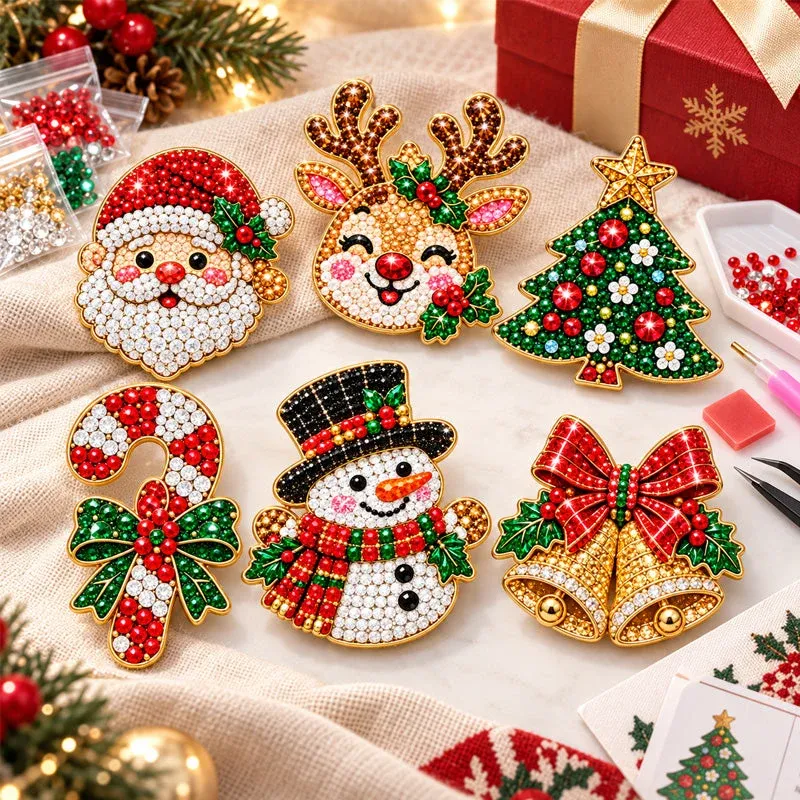 Six sparkling Christmas brooch designs with red, green, white and gold gems