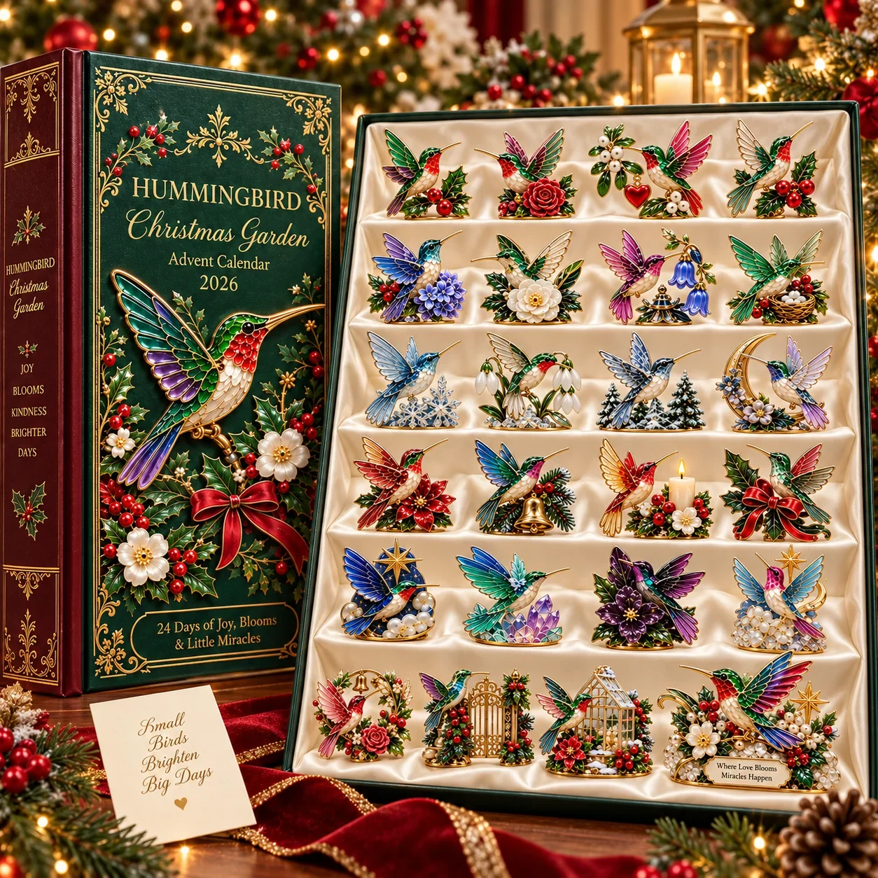 Close look at jewel toned Hummingbird Christmas Garden miniatures